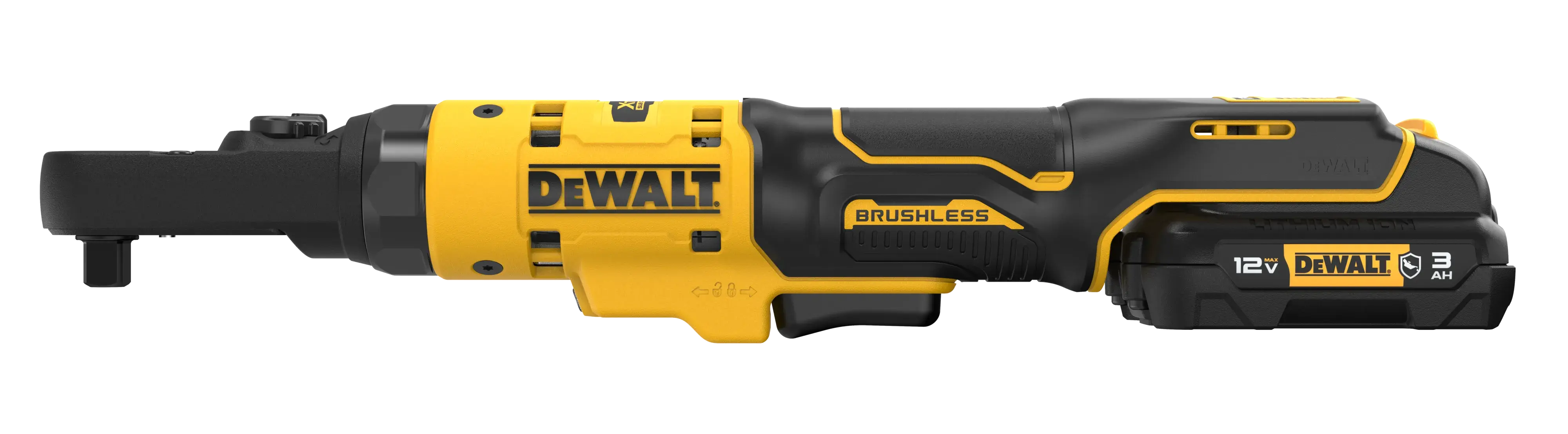 DCF500 12V MAX* XTREME™ Sealed Head Ratchet front-side view with battery