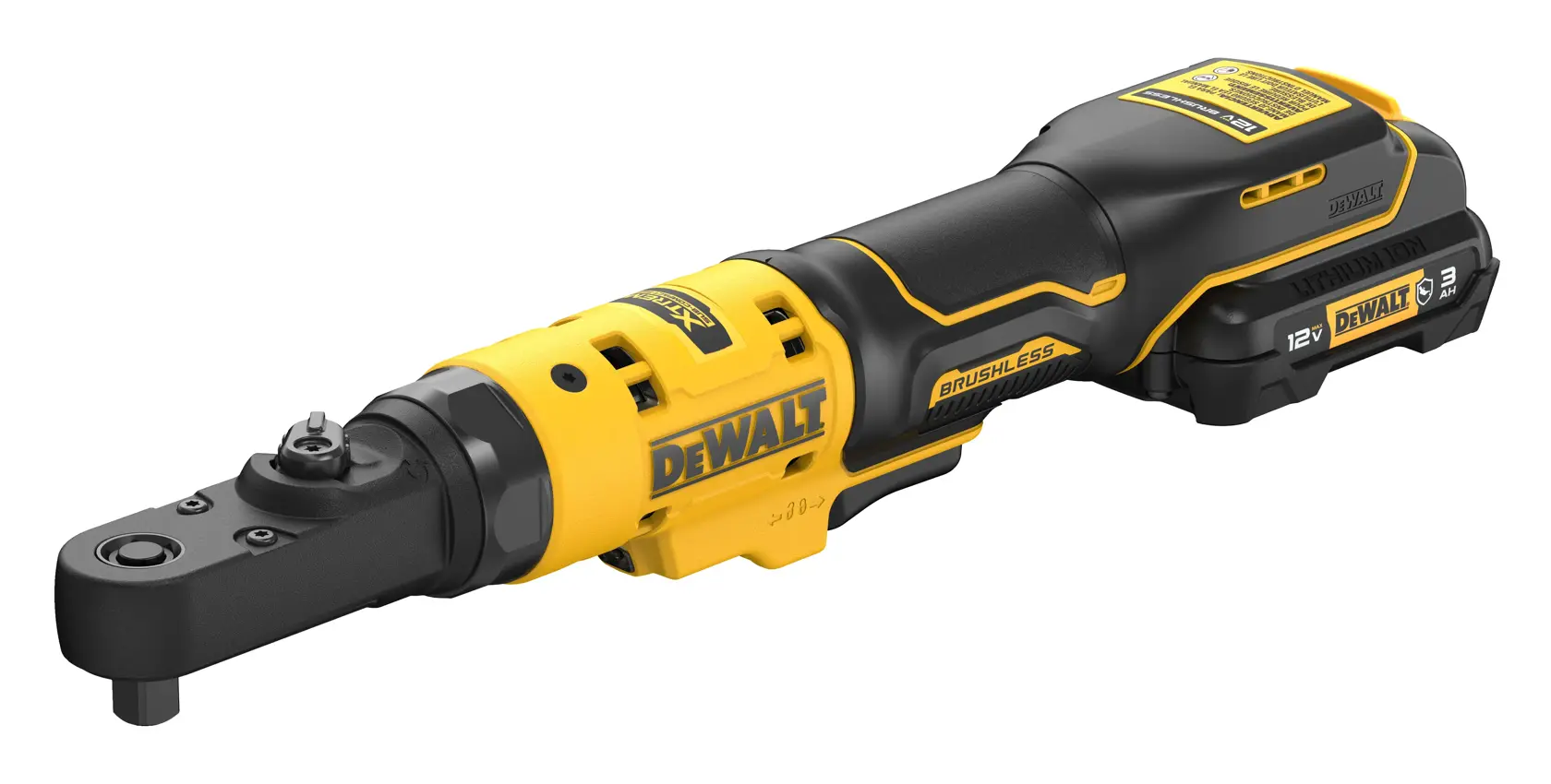 DCF500 12V MAX* XTREME™ Sealed Head Ratchet top angled view with battery