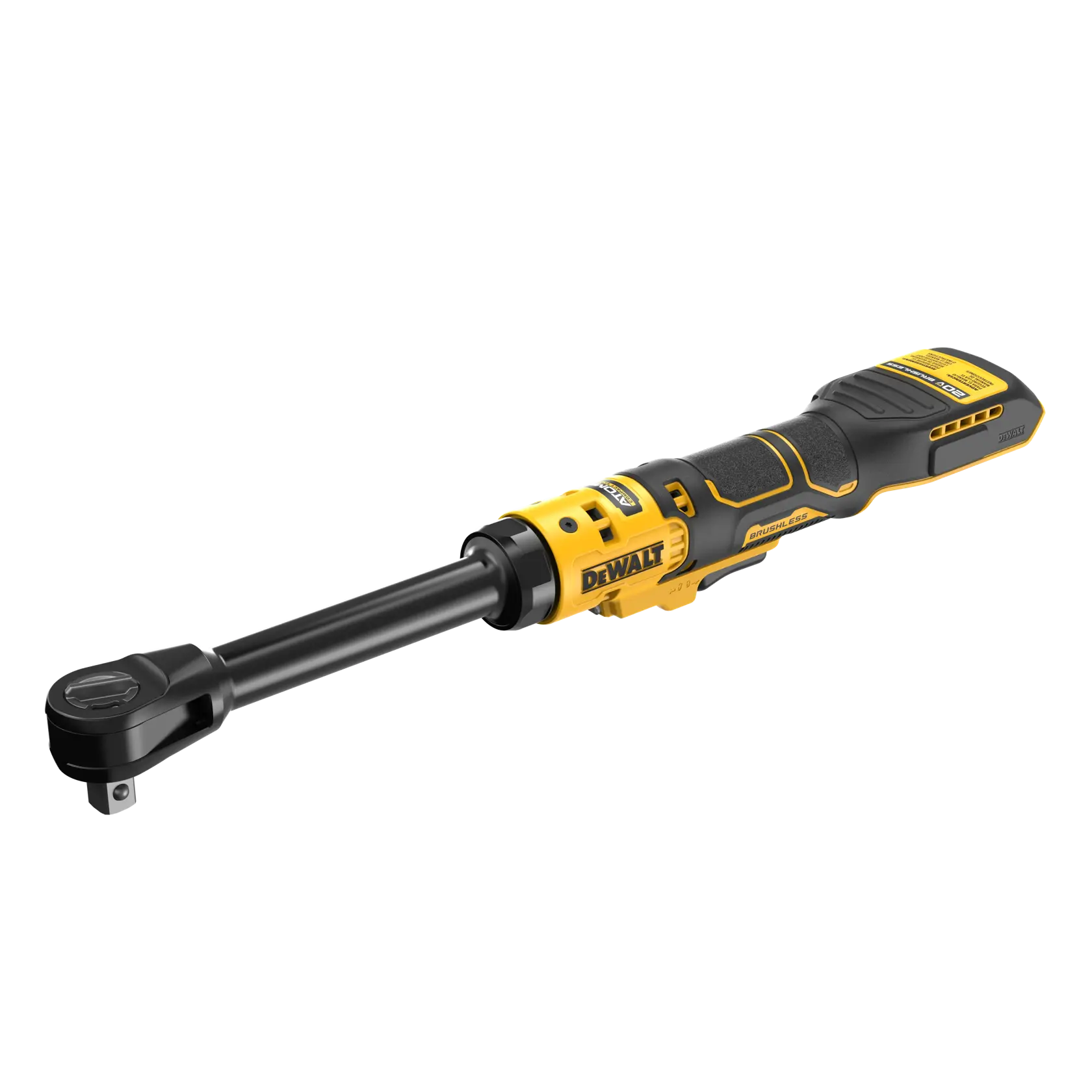 A DEWALT cordless ratchet tool with a yellow and black handle, shown against a white background.