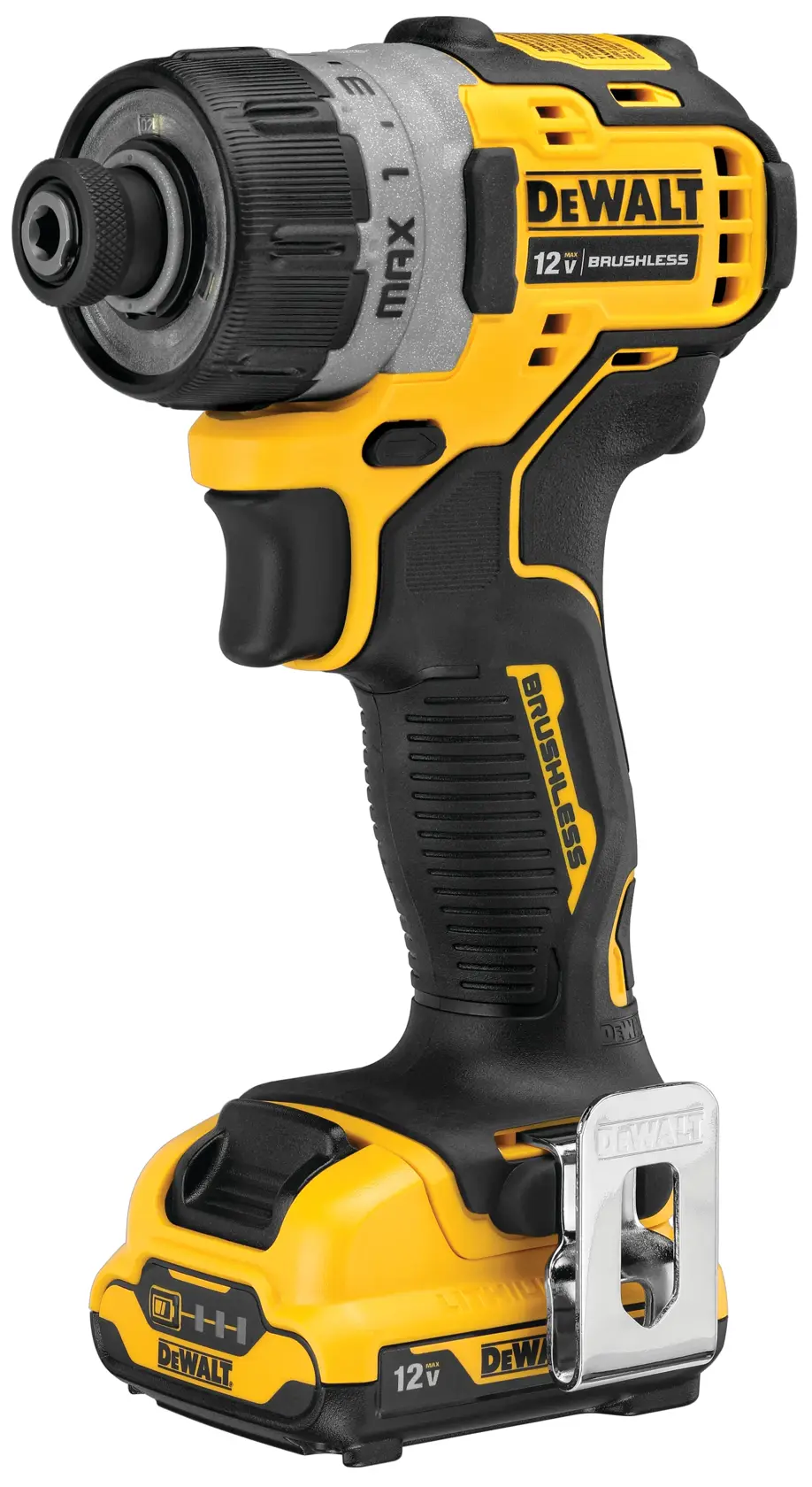 Profile of XTREME brushless cordless screwdriver with battery.