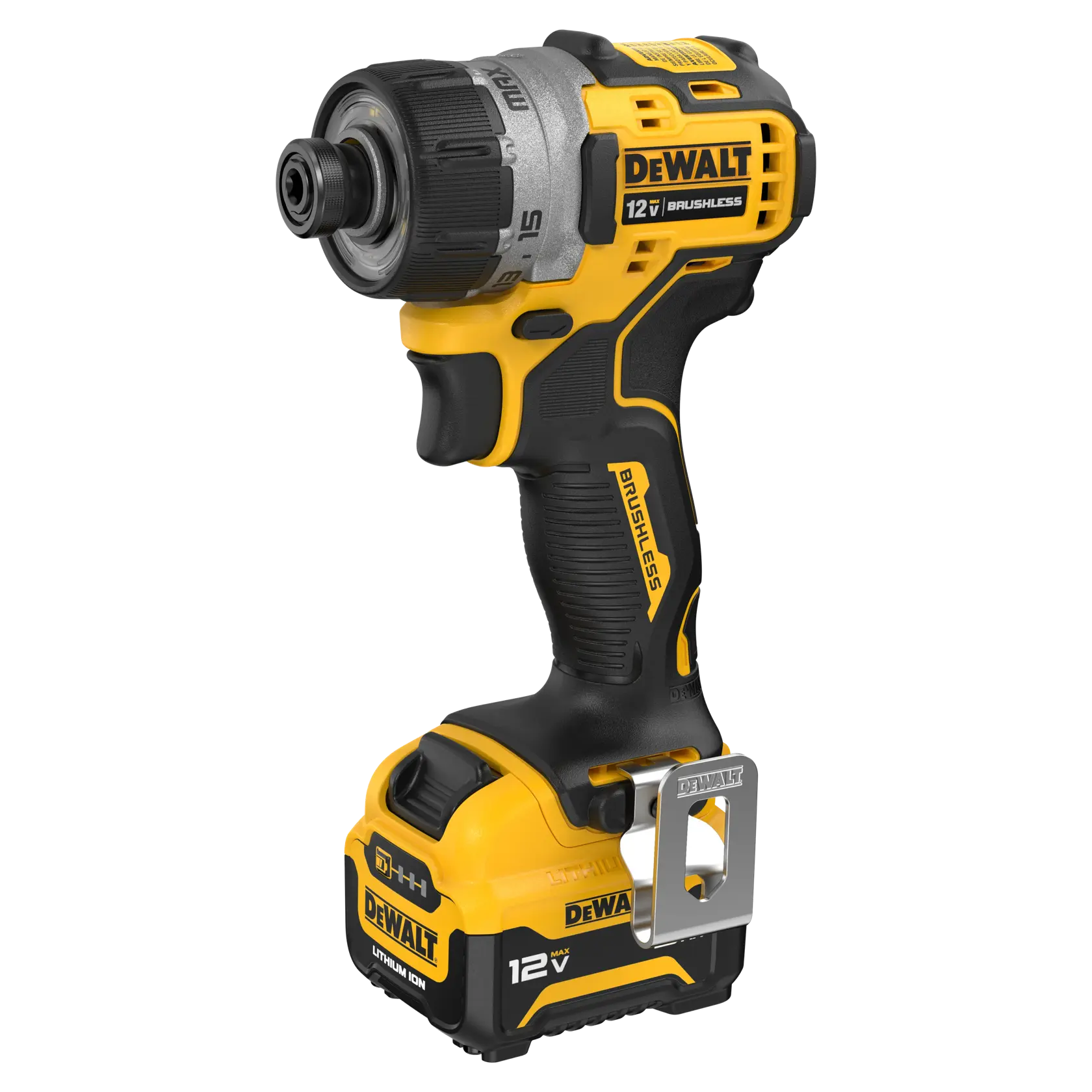 A DEWALT 12V brushless cordless drill with a black and yellow design, featuring a lithium-ion battery and ergonomic grip.