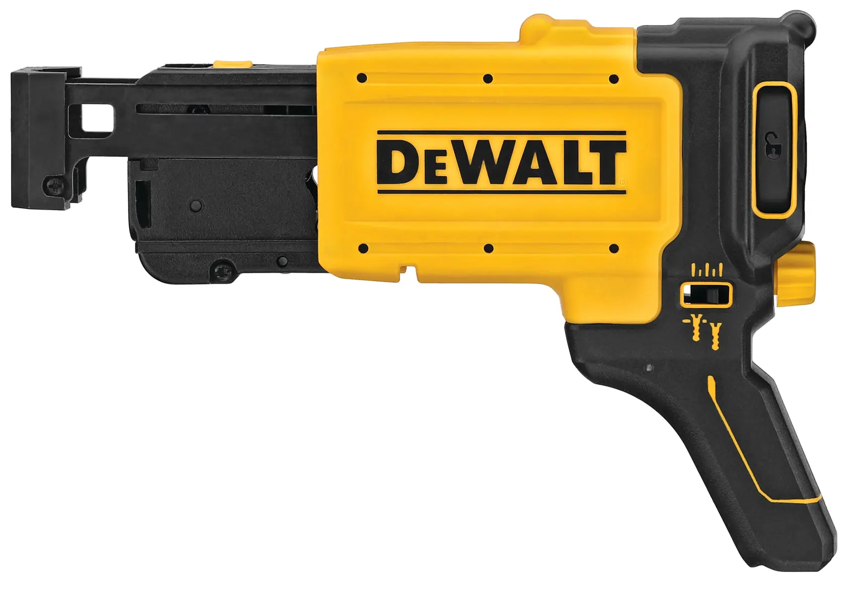 Side view of a DEWALT DCF6202 drywall screw gun attachment designed for use with power tools, featuring a yellow and black handle and casing.