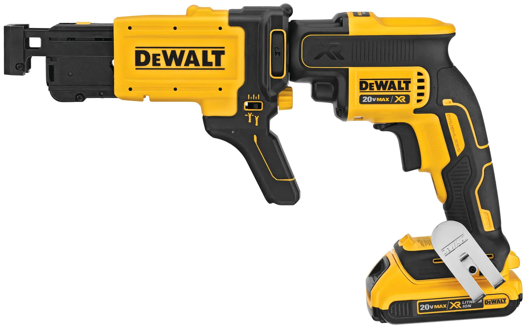 A DEWALT cordless drywall screw gun, model DCF6202, with yellow and black color, featuring a 20V Max XR lithium-ion battery and an ergonomic handle.