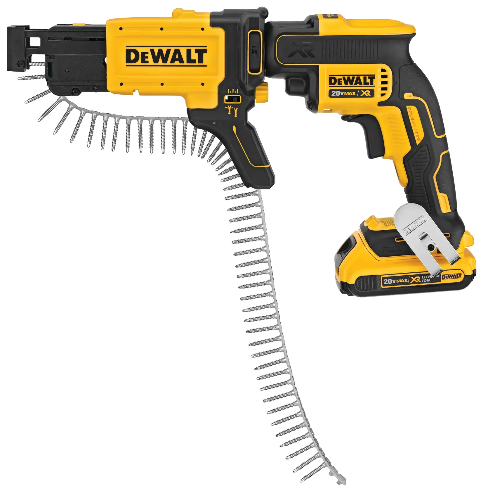 A DEWALT 20V MAX XR cordless collated screw gun, shown with a strip of collated screws attached. The tool is black and yellow, has an ergonomic handle, and features branding and battery details on the side.
