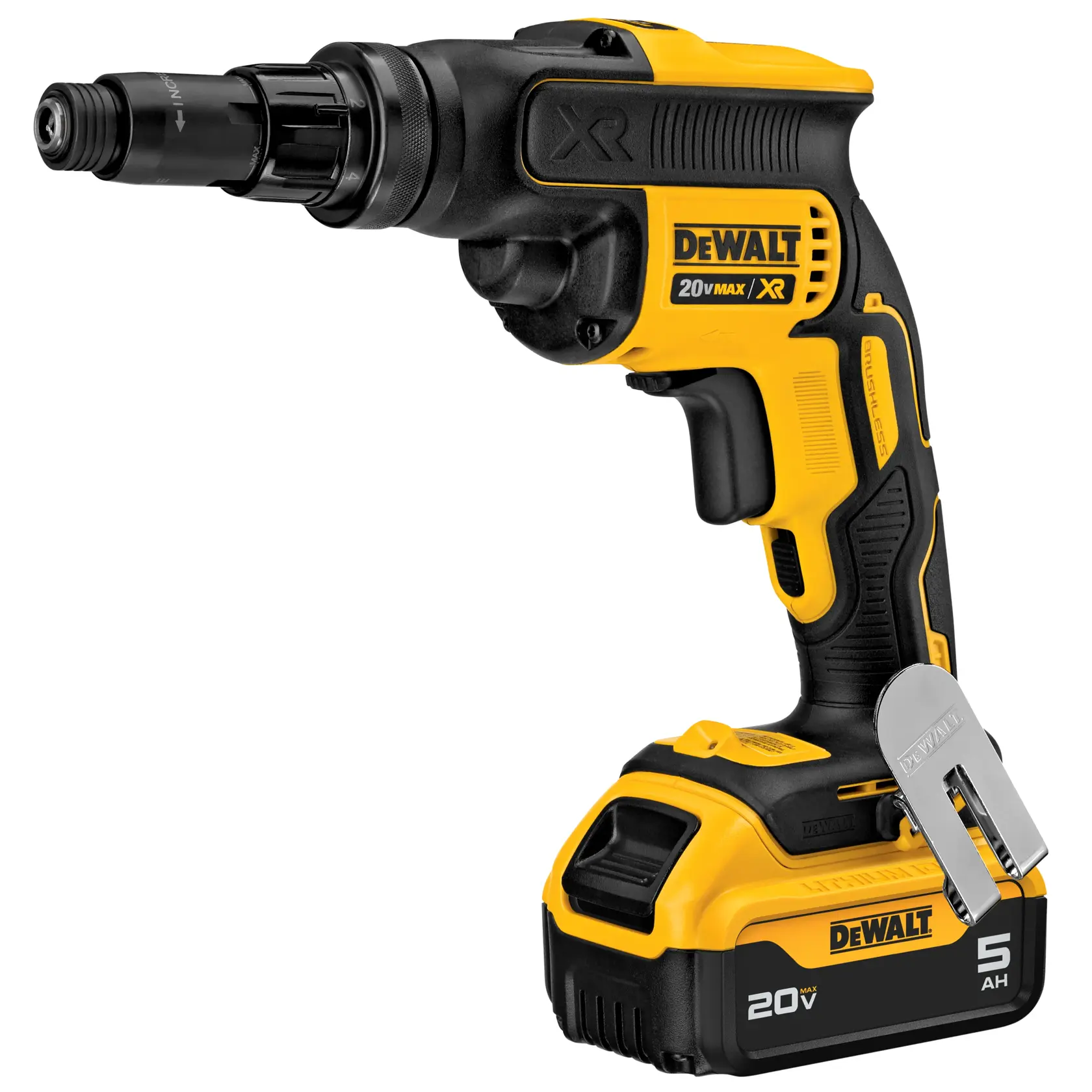 DEWALT 20V cordless screwdriver, yellow and black, with 5Ah battery pack and belt clip attachment.