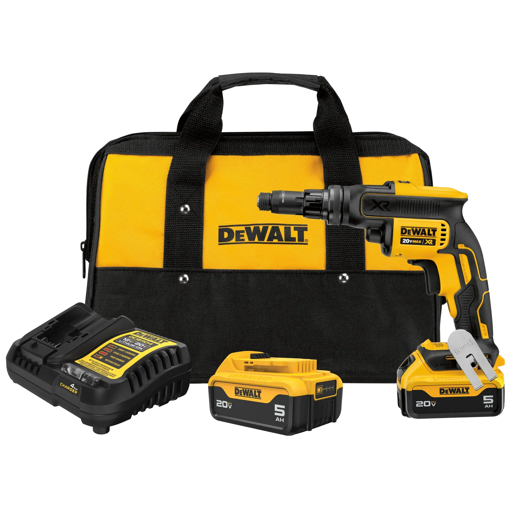 DEWALT cordless screw gun kit with bag, two batteries, and charger.