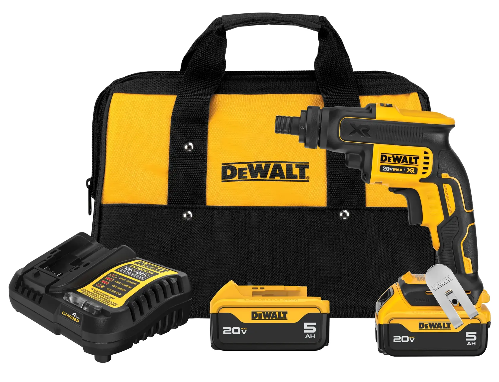 A DEWALT 20V MAX XR cordless tool kit featuring a screw gun, two rechargeable batteries, a battery charger, and a yellow and black carrying bag with the DEWALT logo.