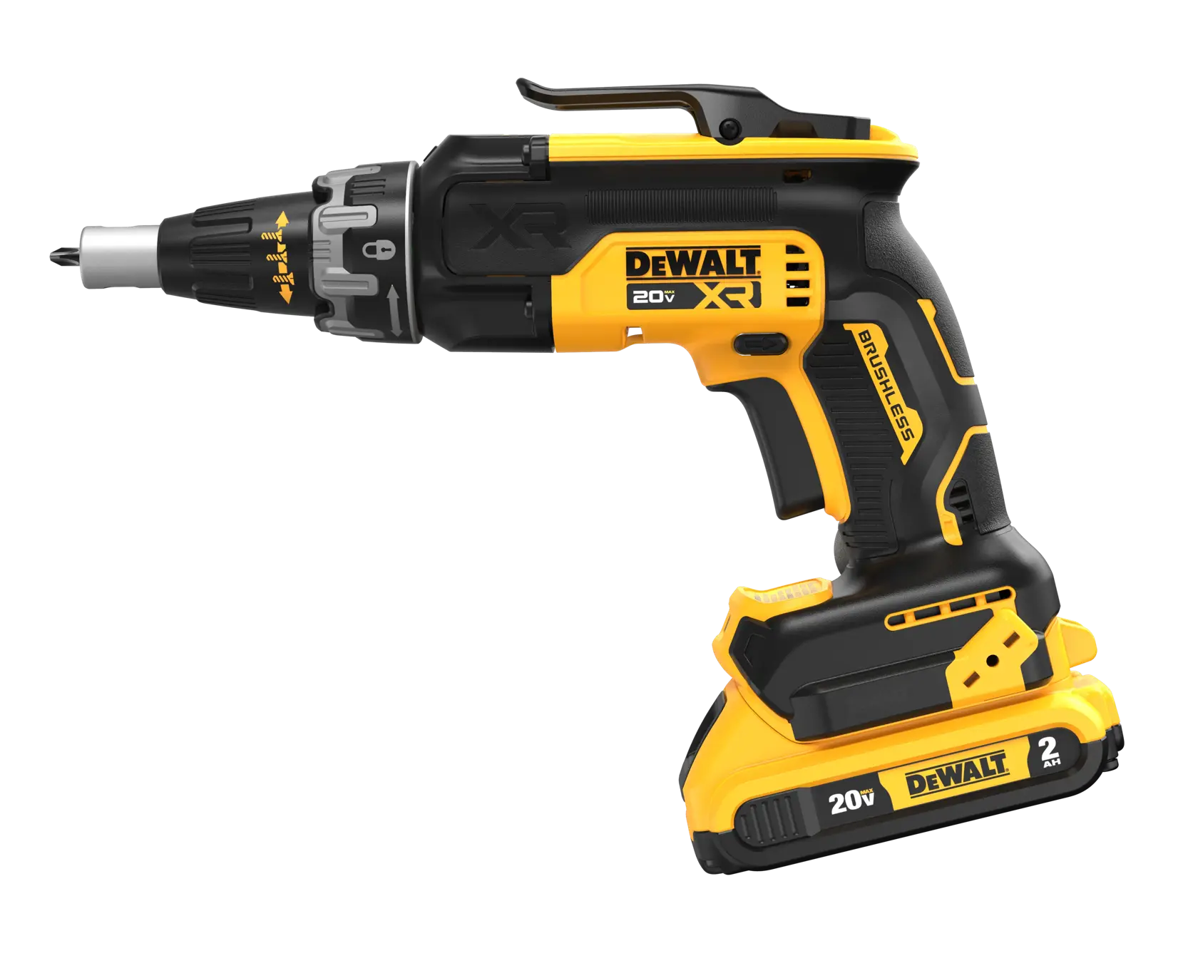 Side view of the 20V MAX* XR® Brushless Drywall Screwgun with 4.0Ah Battery