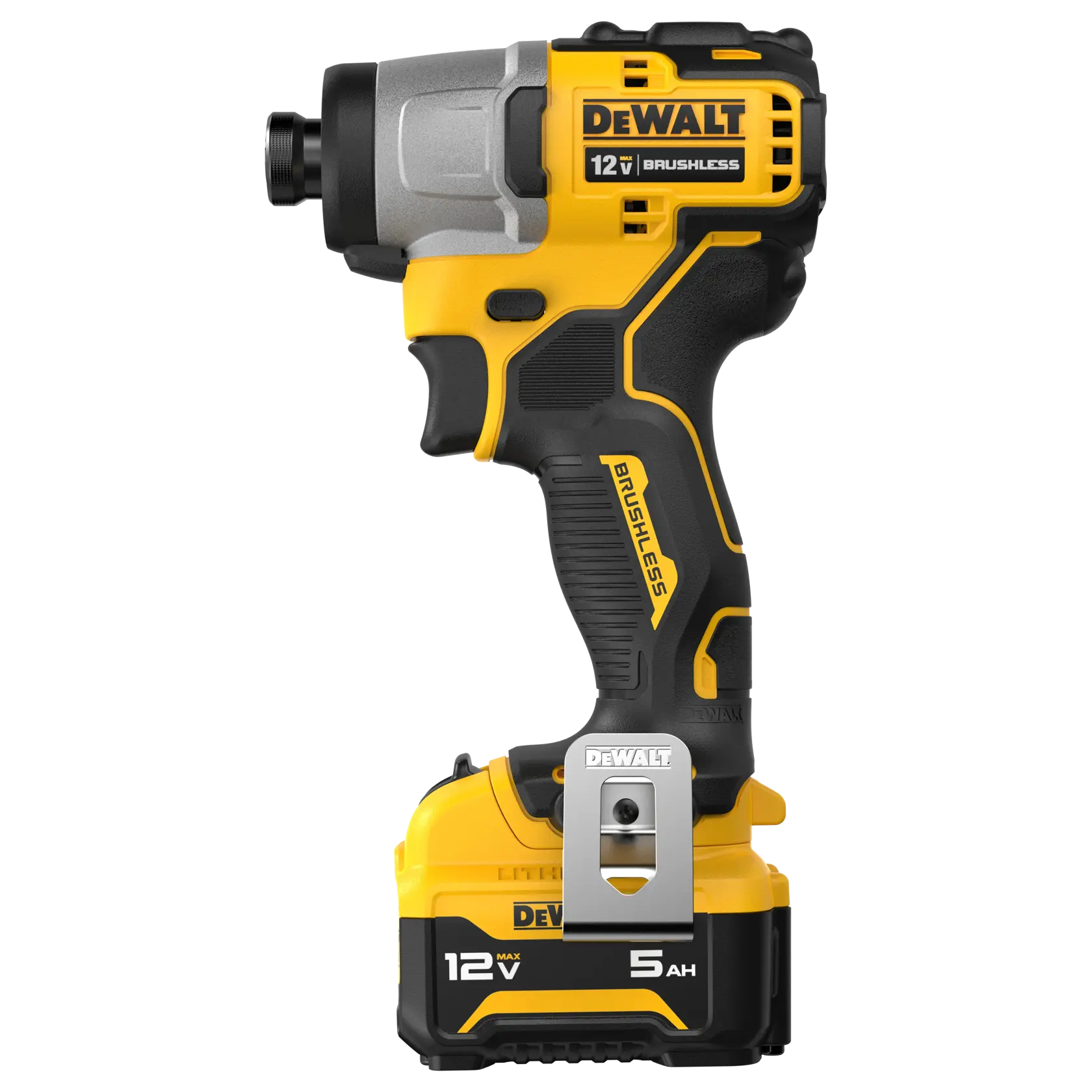 A DEWALT 12V brushless cordless impact driver, model DCF801J1, featuring a yellow and black body with a 5Ah lithium-ion battery attached.