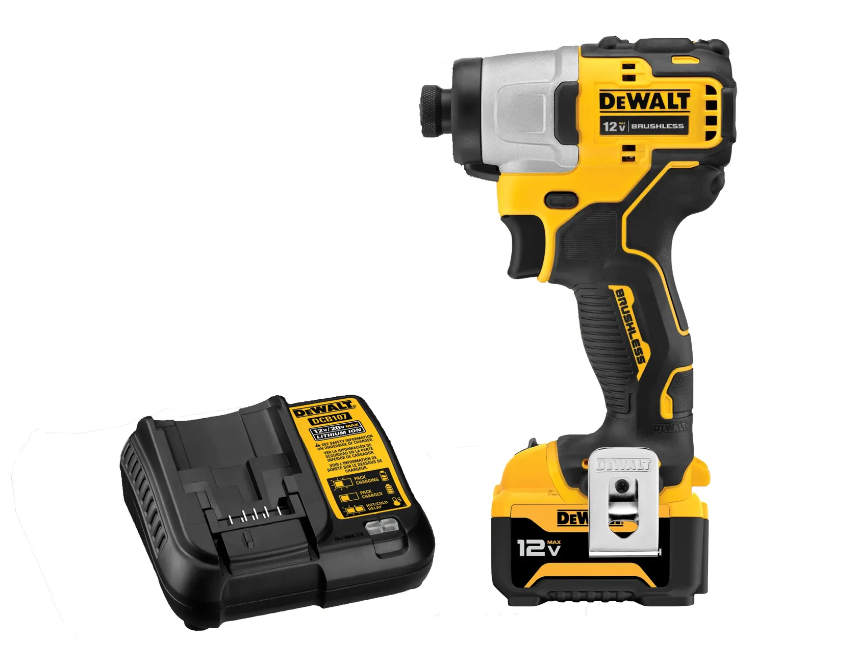 A DEWALT 12V cordless brushless impact driver kit (model DCF801J1) is shown. The kit includes a yellow and black impact driver and a battery charging station.