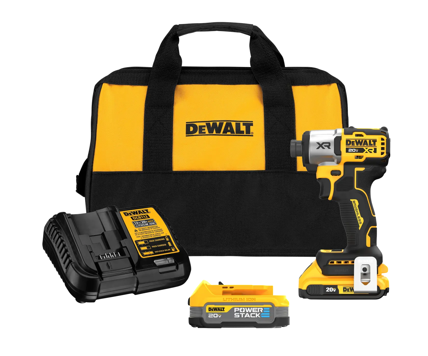 1/4 inch 3-Speed Impact Driver tool kit that includes a charger, kit bag, a 20V MAX two amp hour battery, and one DEWALT POWERSTACK battery