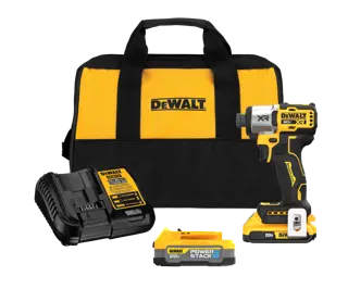 1/4 inch 3-Speed Impact Driver tool kit that includes a charger, kit bag, a 20V MAX two amp hour battery, and one DEWALT POWERSTACK battery
