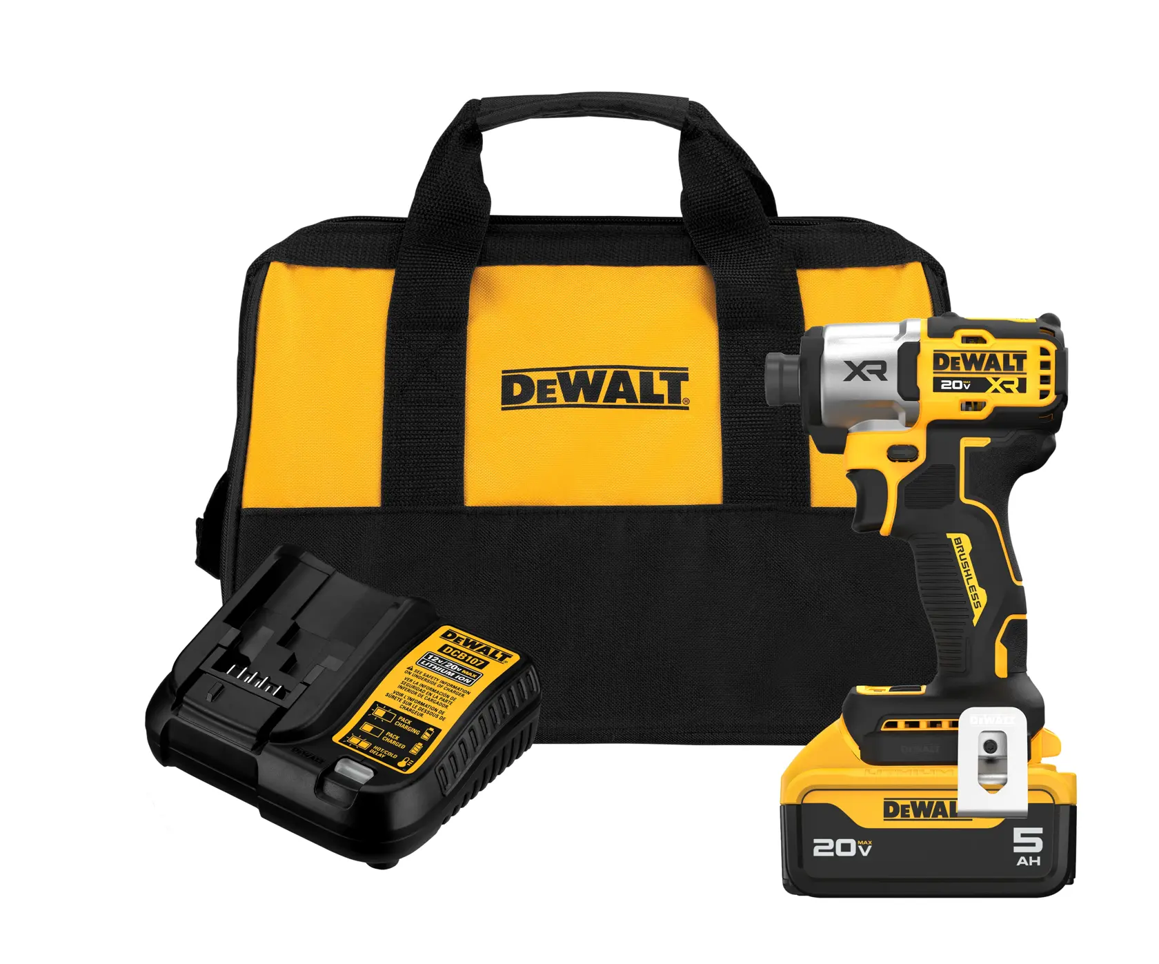 1/4 in. 3-Speed Impact Driver tool kit that includes a charger, kit bag, and 20V MAX five amp hour battery 