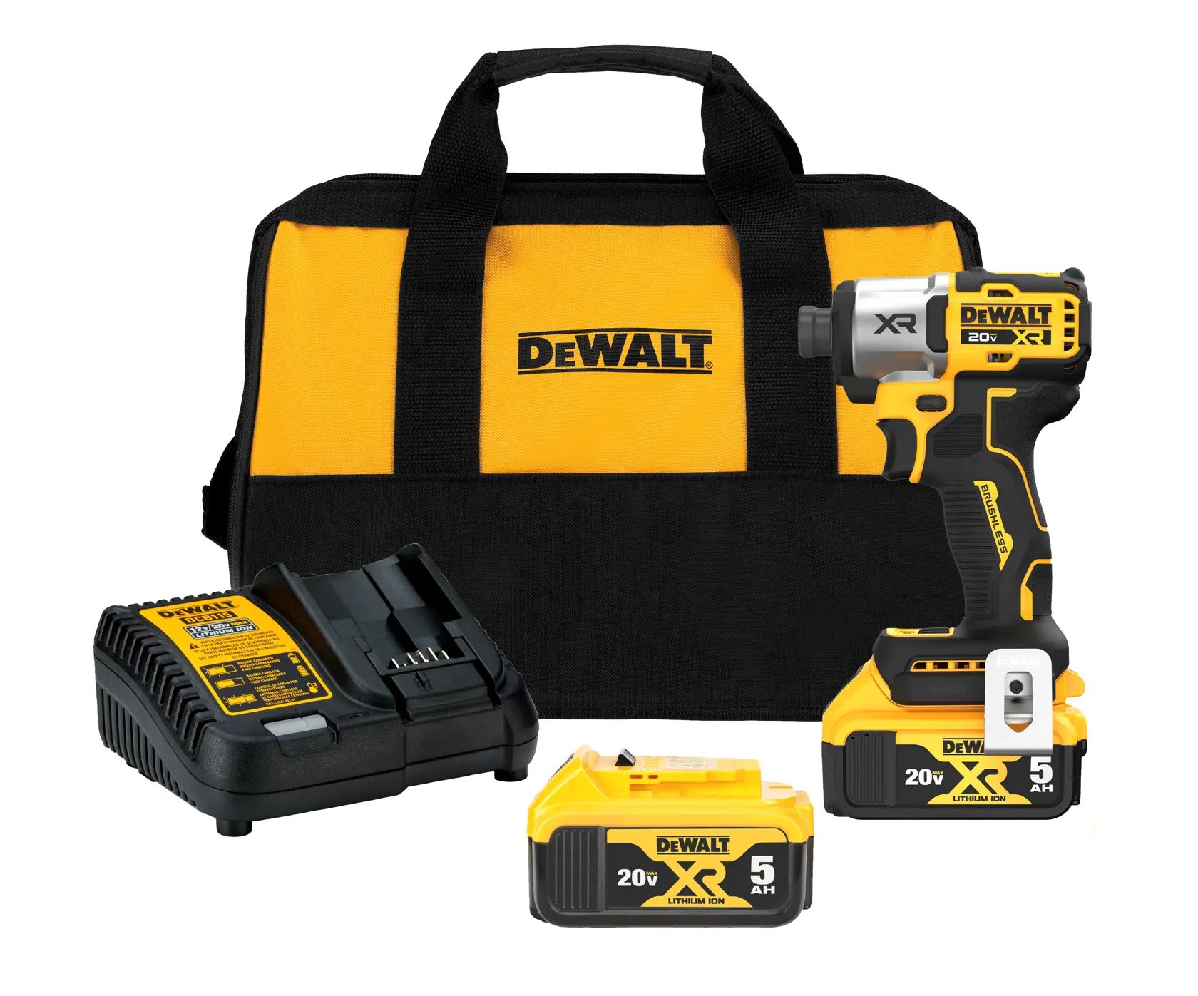 1/4 inch 3-Speed Impact Driver tool kit that includes a charger, kit bag, and two 20V MAX five amp hour batteries