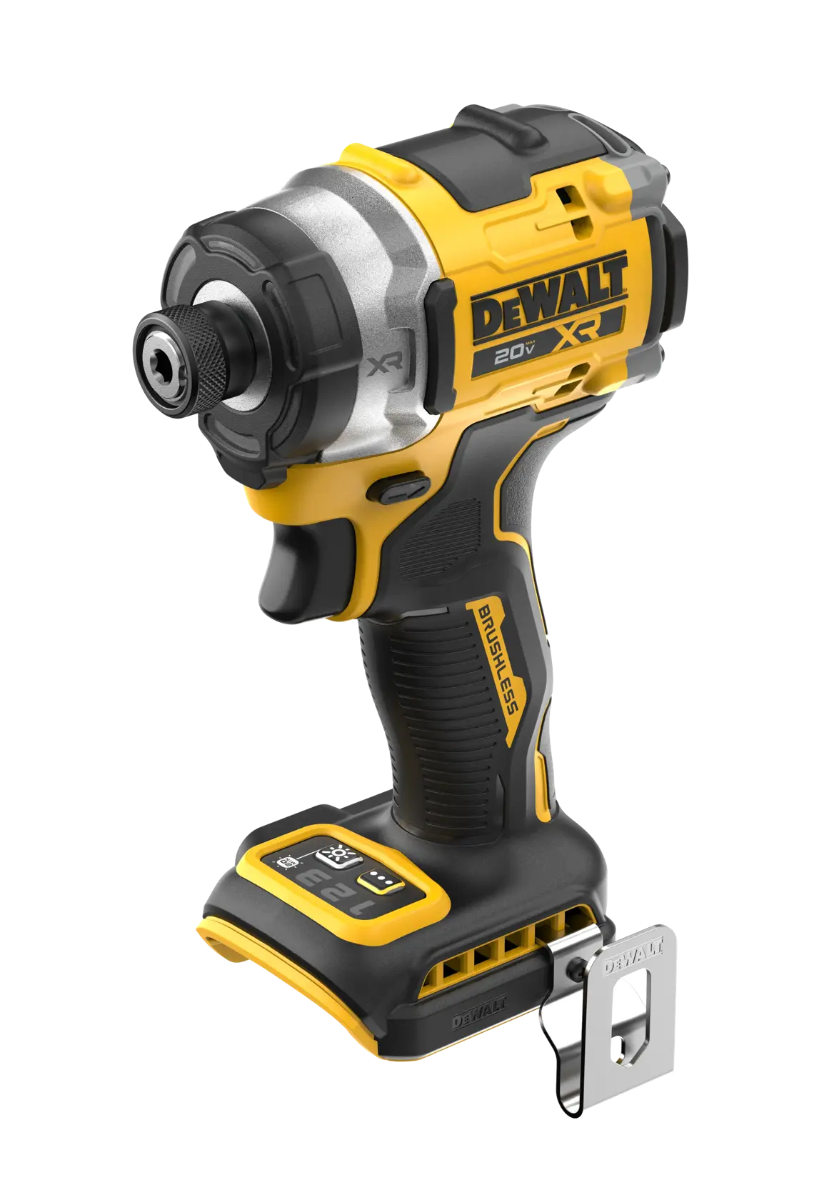 DEWALT 20V MAX  XR(®) 3-Speed High Torque 1/4 in. Impact Driver top front angled view (Tool Only)