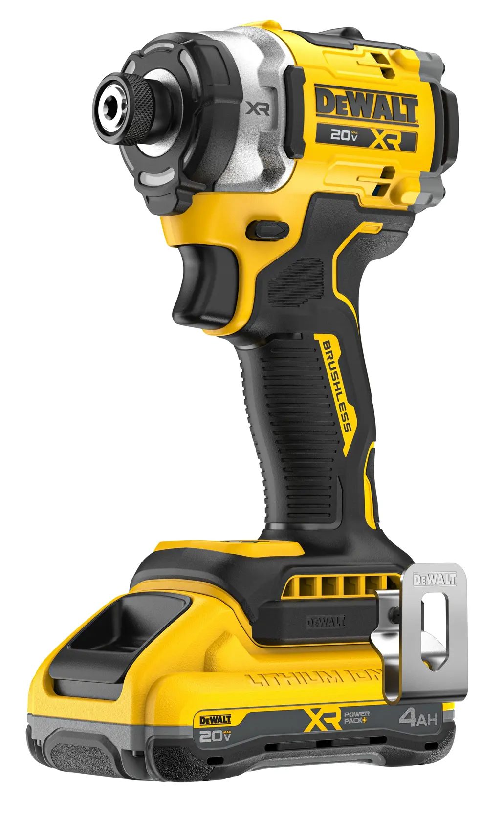 Side angle of 20V MAX* XR® Brushless Cordless 3-Speed High Torque 1/4 in. Impact Driver on white