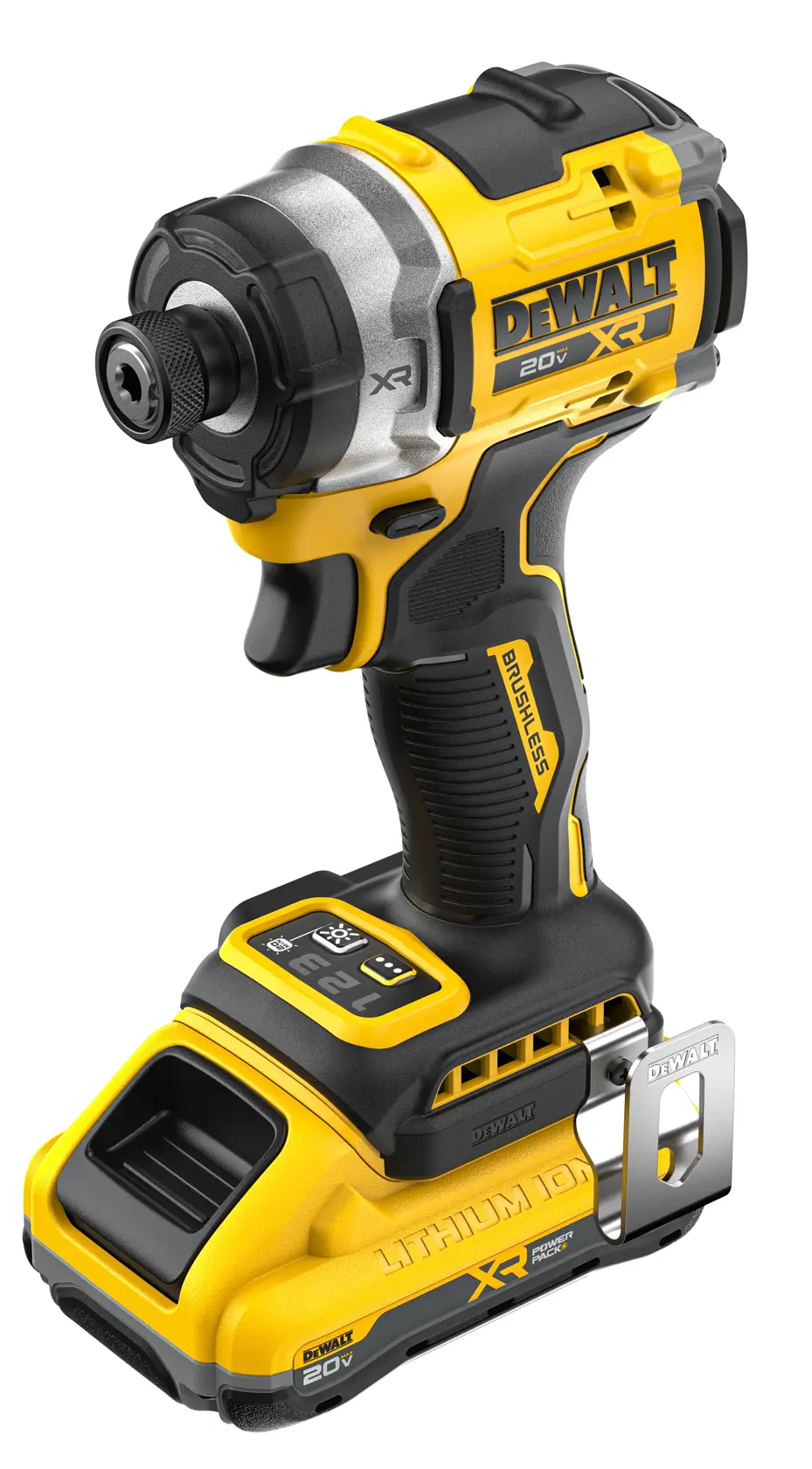 Side angle of 20V MAX* XR® Brushless Cordless 3-Speed High Torque 1/4 in. Impact Driver on white