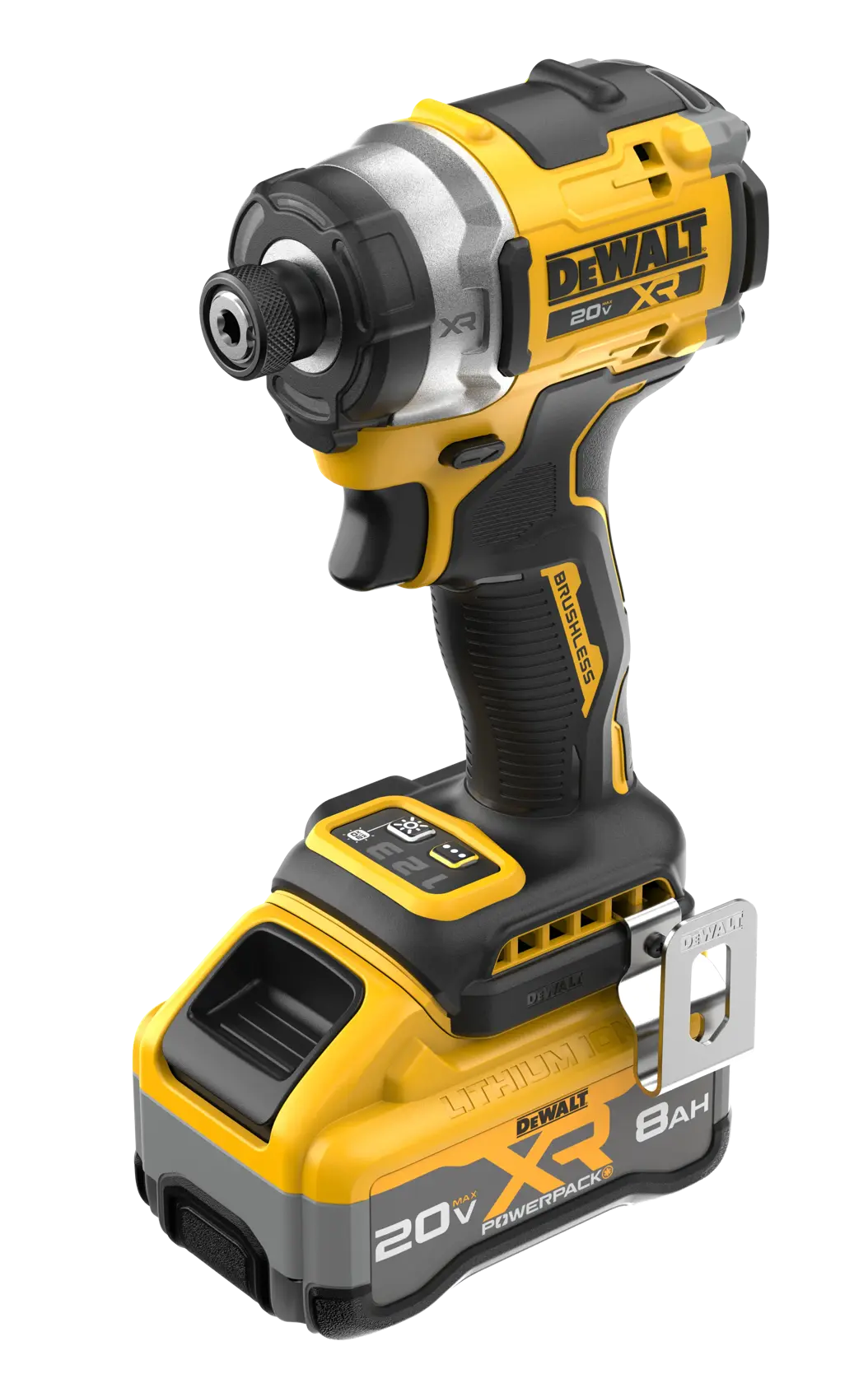 DEWALT 20V MAX  XR(®) 3-Speed High Torque 1/4 in. Impact Driver front side flat view with DCBP2108 Battery