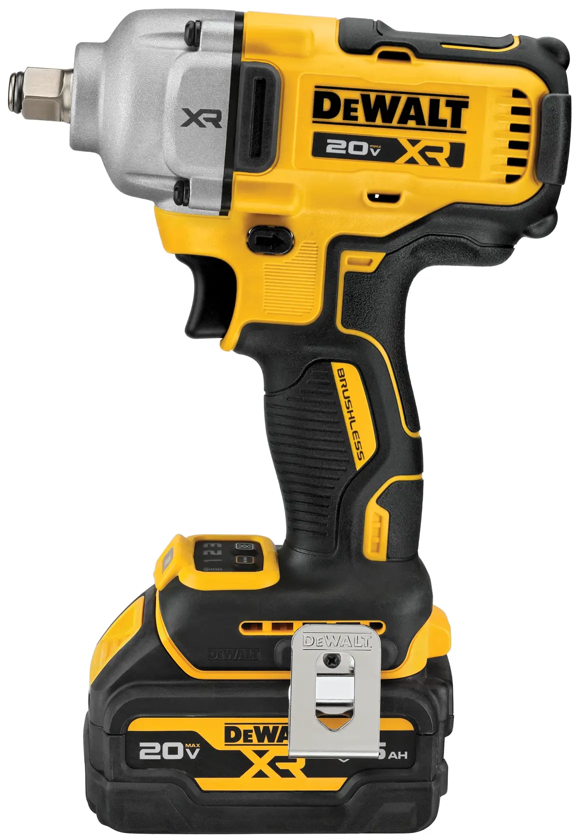 Close up of a worker using an impact wrench with text below that says 600 ft-lbs max fastening torque