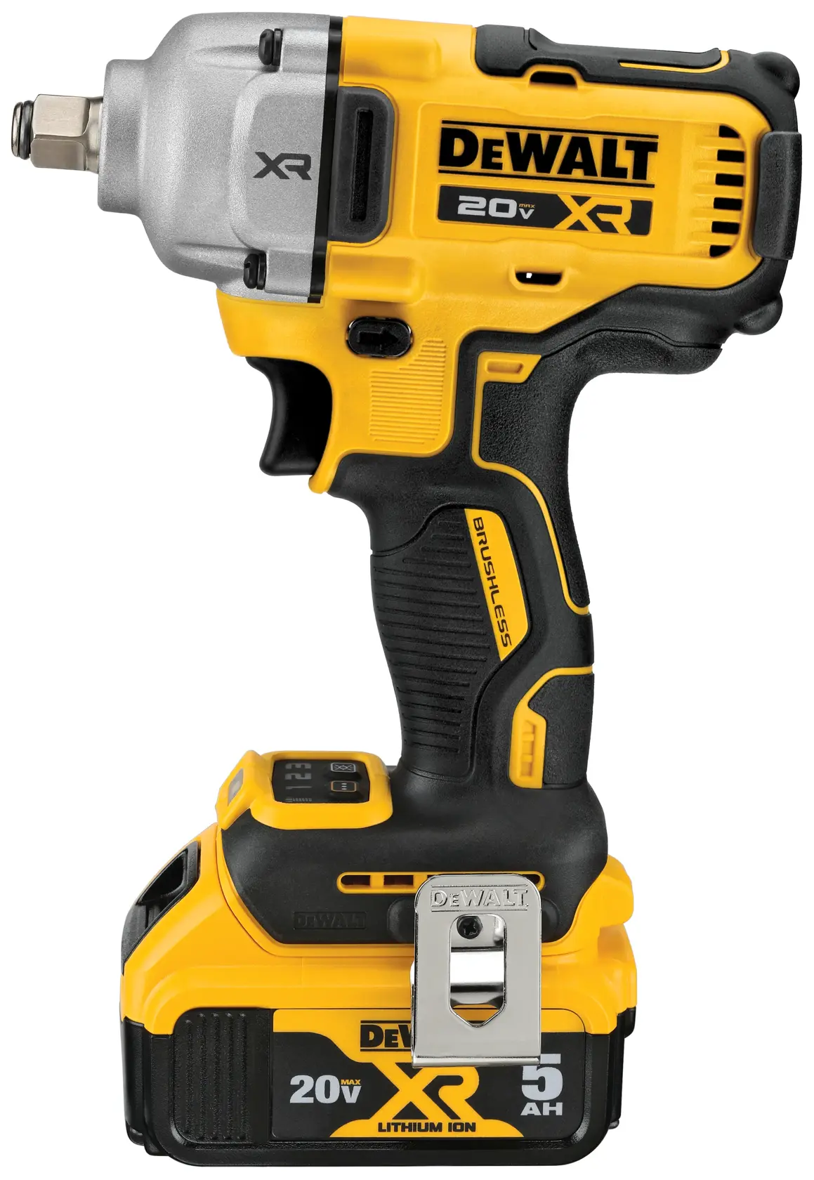 Close up of a worker using an impact wrench with text below that says 600 ft-lbs max fastening torque