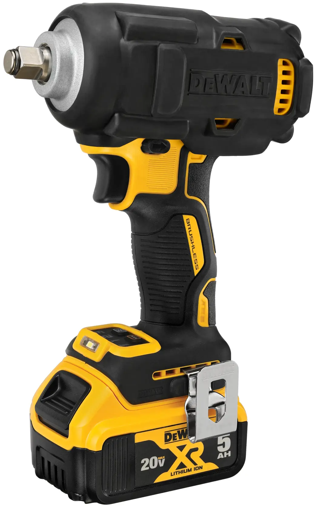 Close up of worker using+F26 impact wrench with text underneath: 800 ft-lbs, max breakaway torque