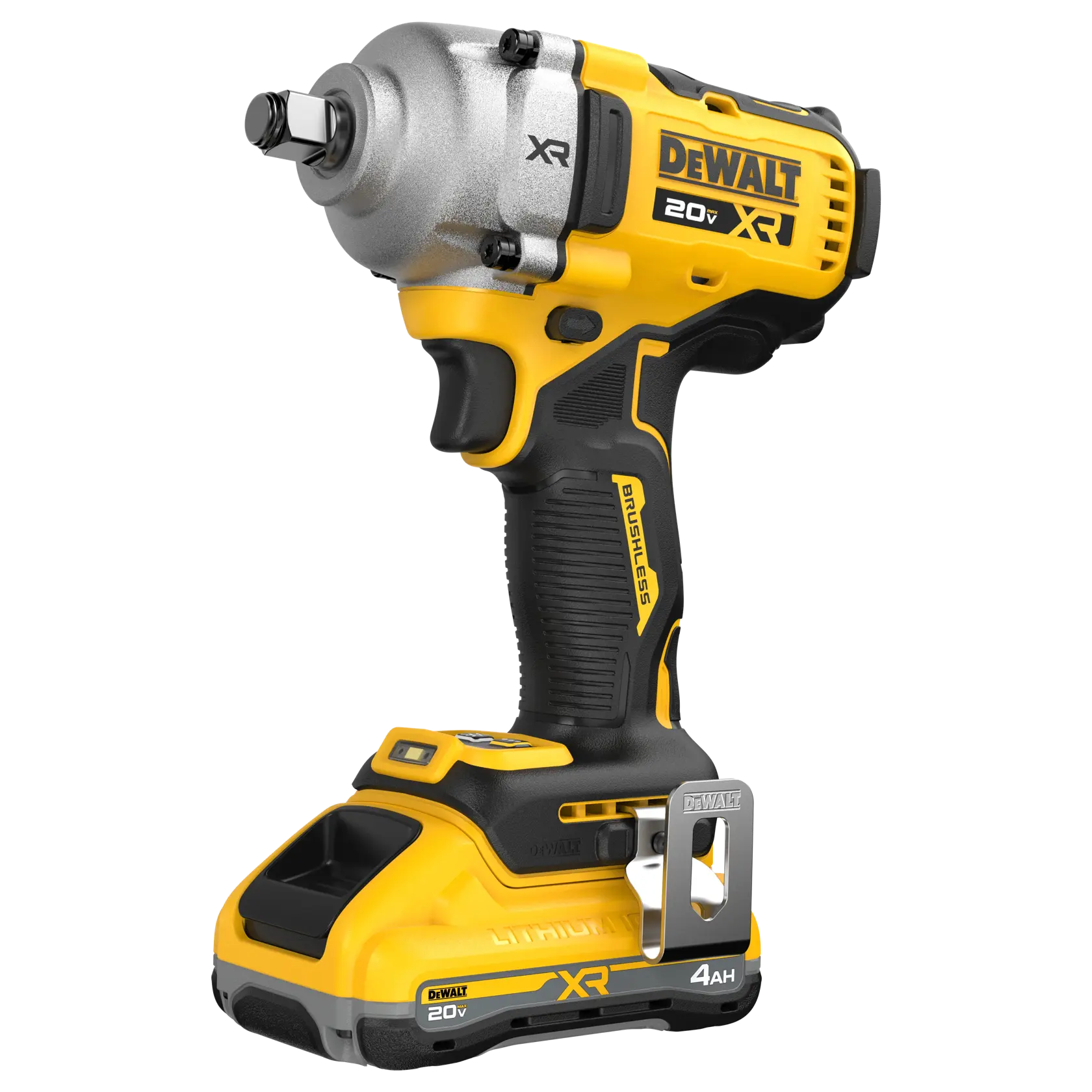 A DEWALT 20V XR cordless impact wrench with a brushless motor, featuring a yellow and black design with a lithium-ion battery attached at the base.
