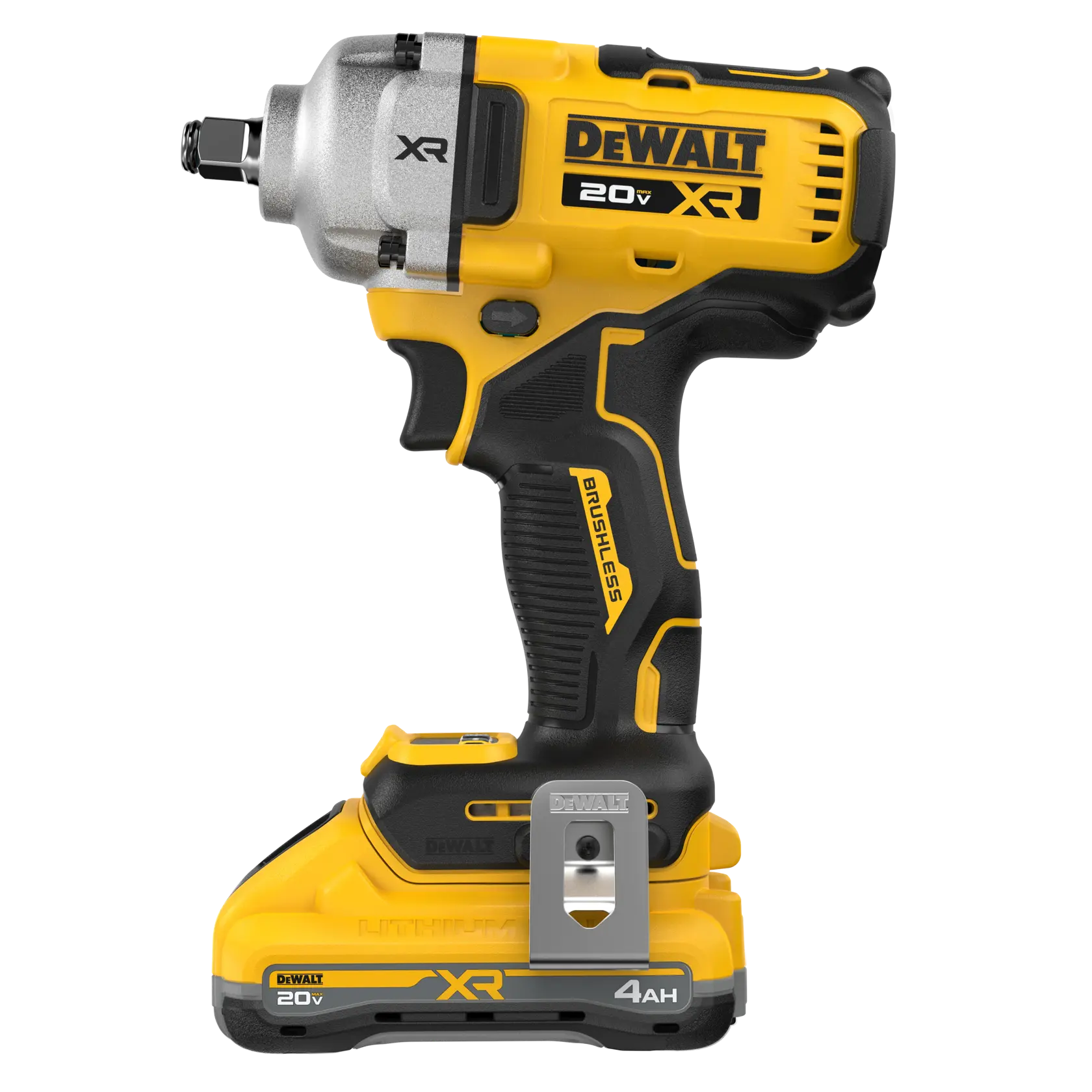 DEWALT 20V XR cordless impact wrench with brushless motor, shown standing upright on its lithium-ion battery. The tool is yellow and black with a metal clip attached to the base.