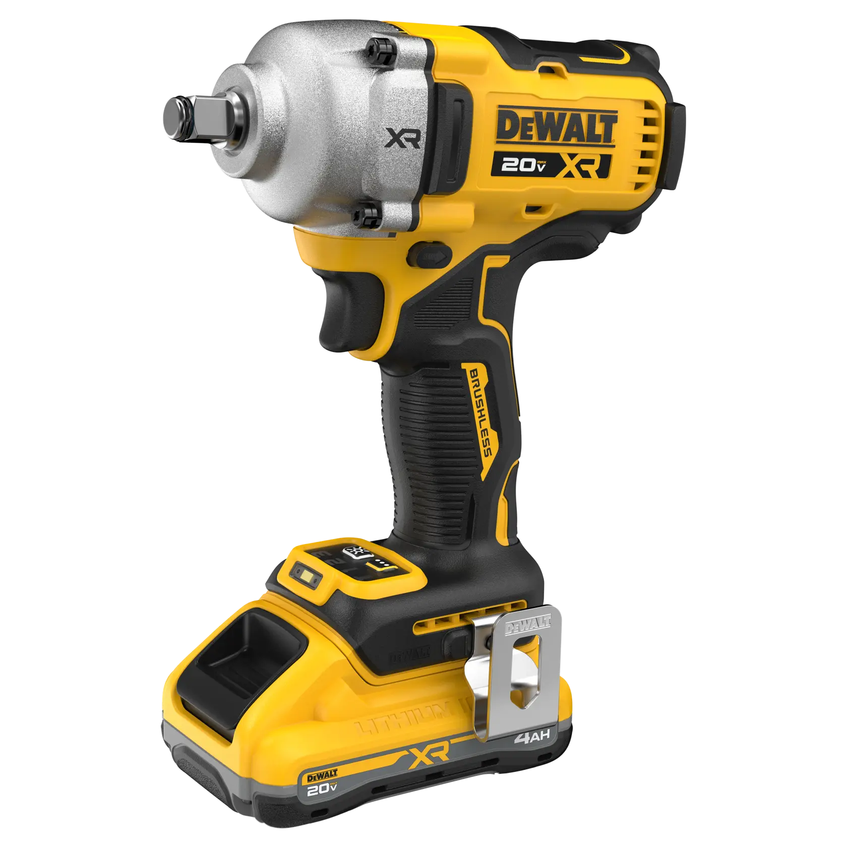 A DEWALT 20V XR cordless impact driver, featuring a yellow and black design, brushless motor, and lithium-ion battery pack.