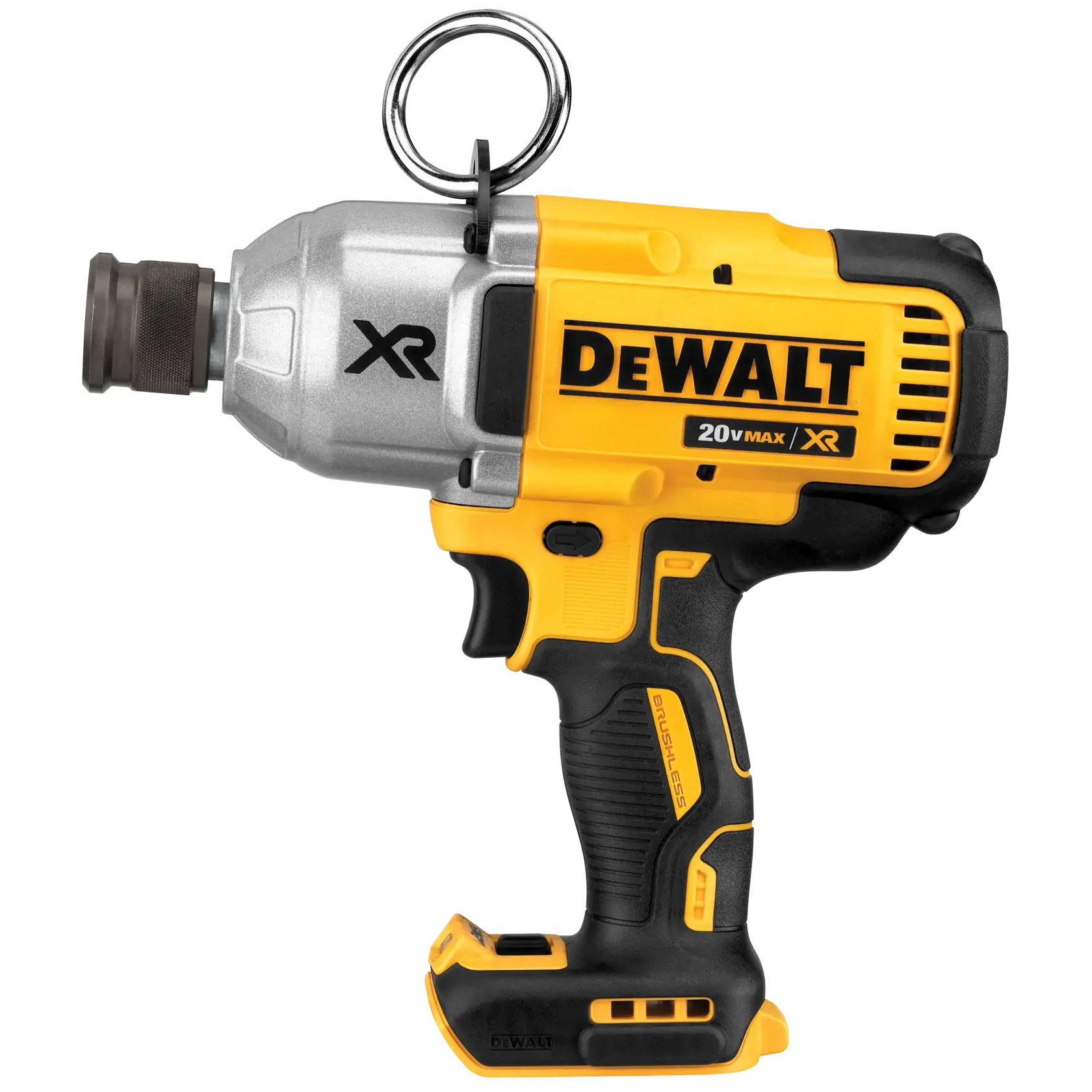 A DEWALT 20V MAX XR cordless impact wrench, featuring a yellow and black design with a metallic head and a key-ring attachment.