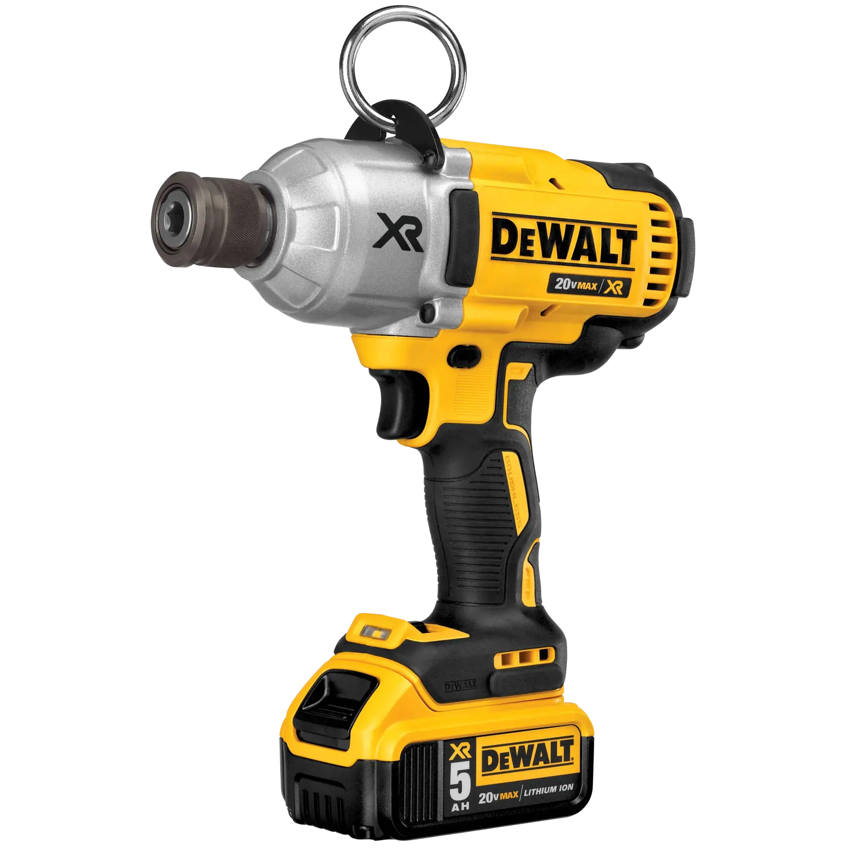 A DEWALT 20V MAX XR cordless impact wrench with a yellow and black design, featuring a 5.0Ah lithium-ion battery and a metal ring on top.