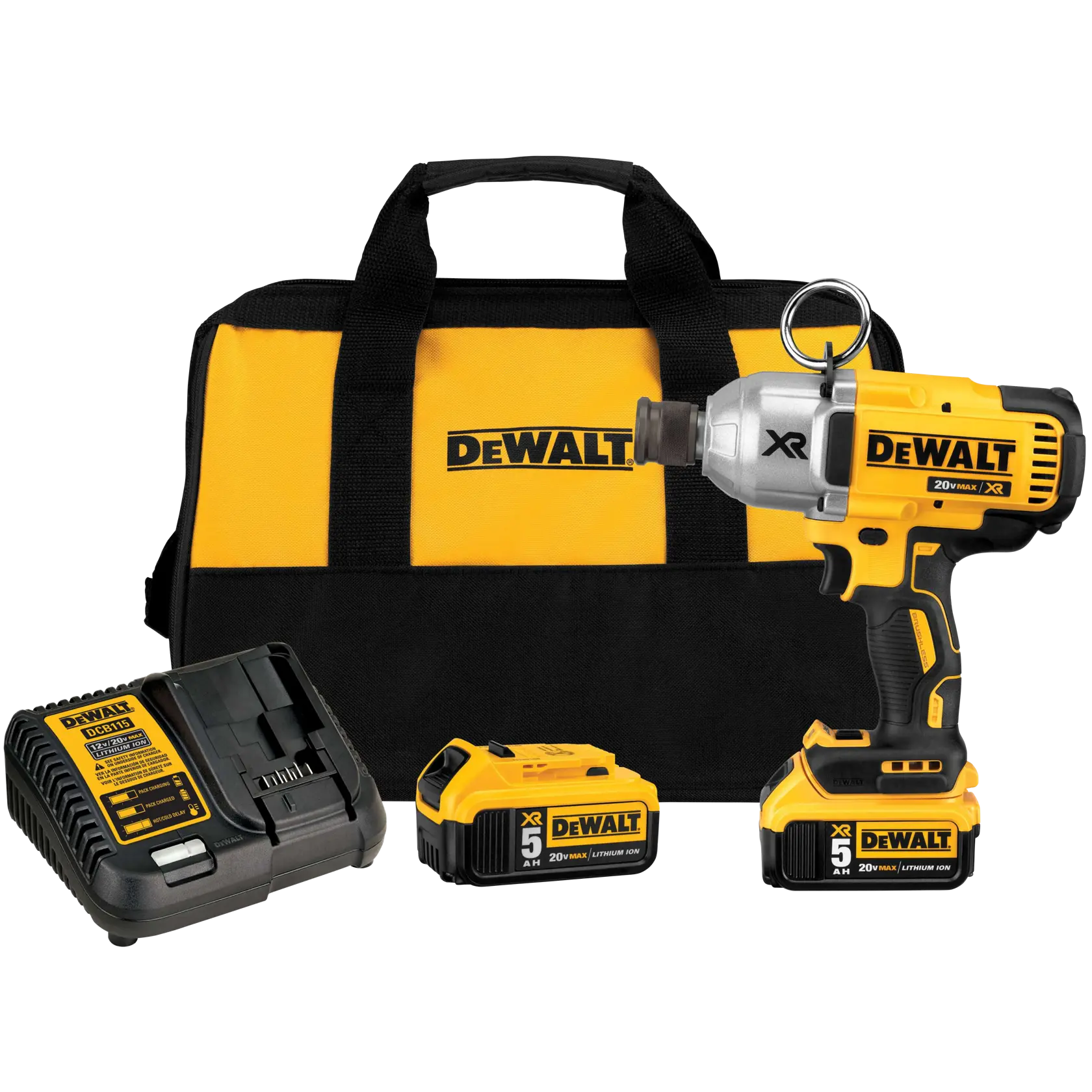 DEWALT cordless impact wrench kit shown with a yellow and black carrying bag, two 20V lithium-ion battery packs, a battery charger, and the impact wrench tool.