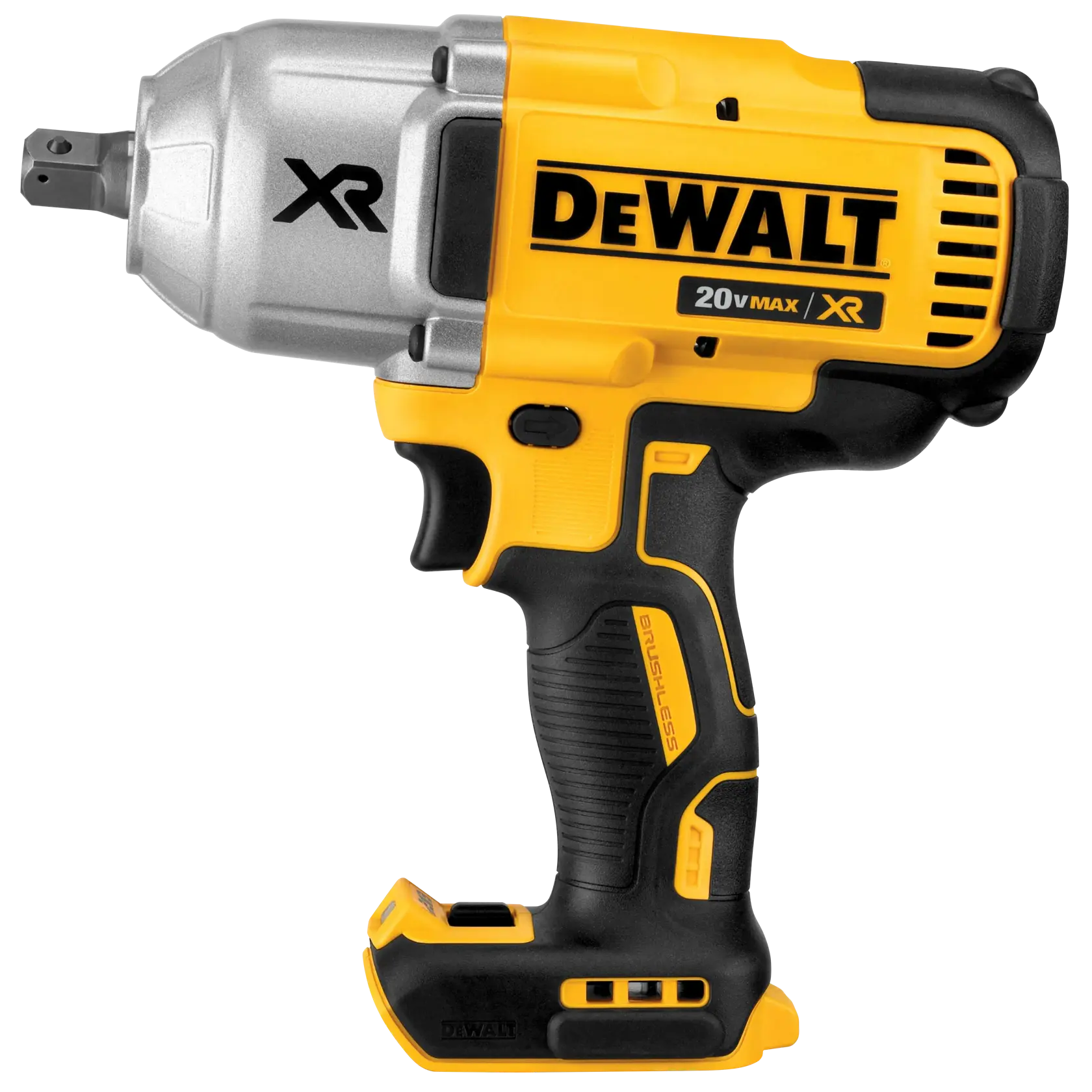 A DEWALT 20V Max XR cordless impact wrench with a brushless motor. The tool is mostly yellow and black, with silver metal on the head. It is designed for heavy-duty tasks and features an ergonomic handle.