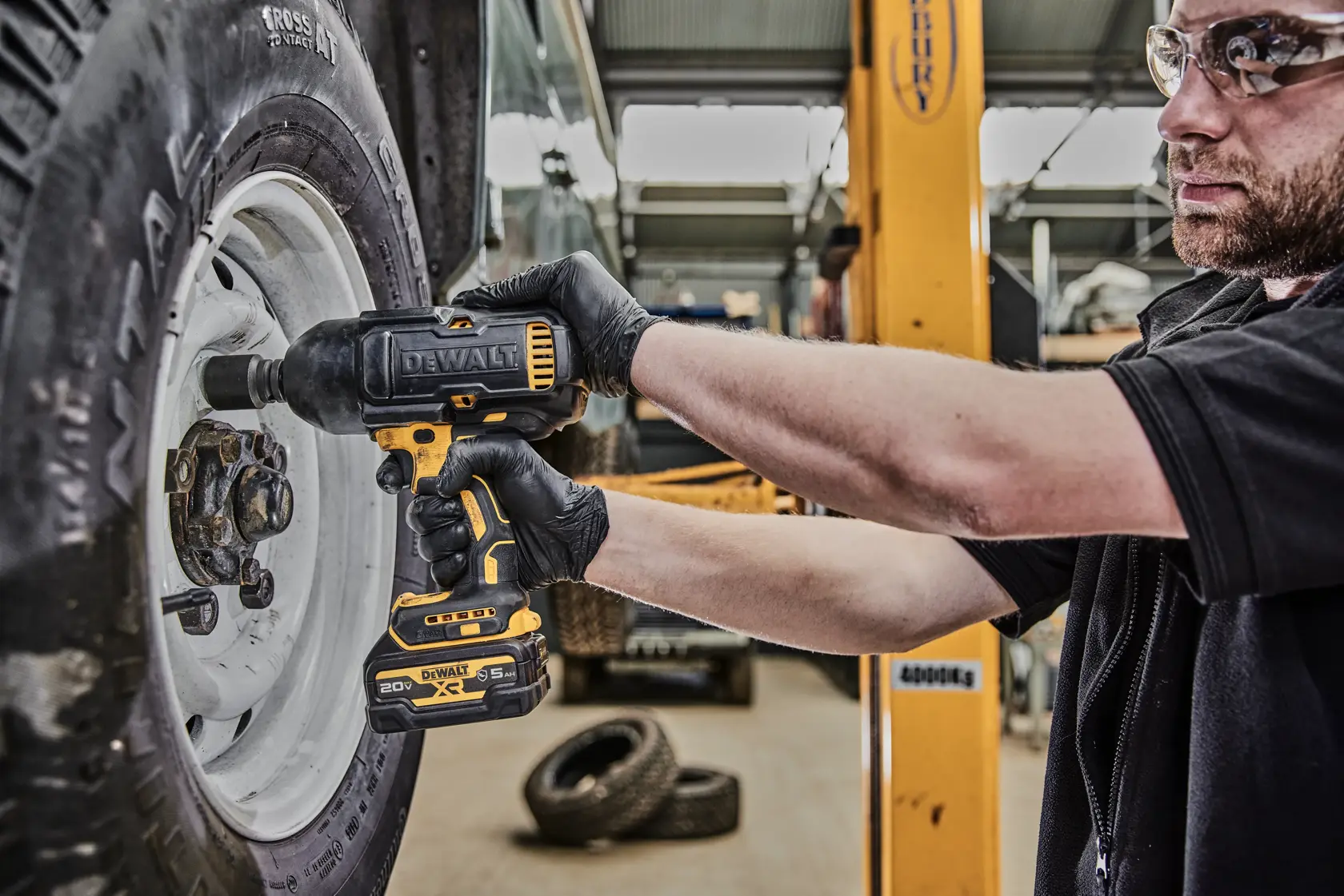 Impact Wrench removing lug nuts from a tire zoomed in.