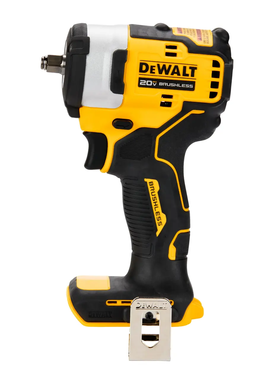 A DEWALT 20V brushless cordless impact wrench with a compact design, black and yellow body, and metal clip attached at the base. The tool is shown from the left side against a white background.
