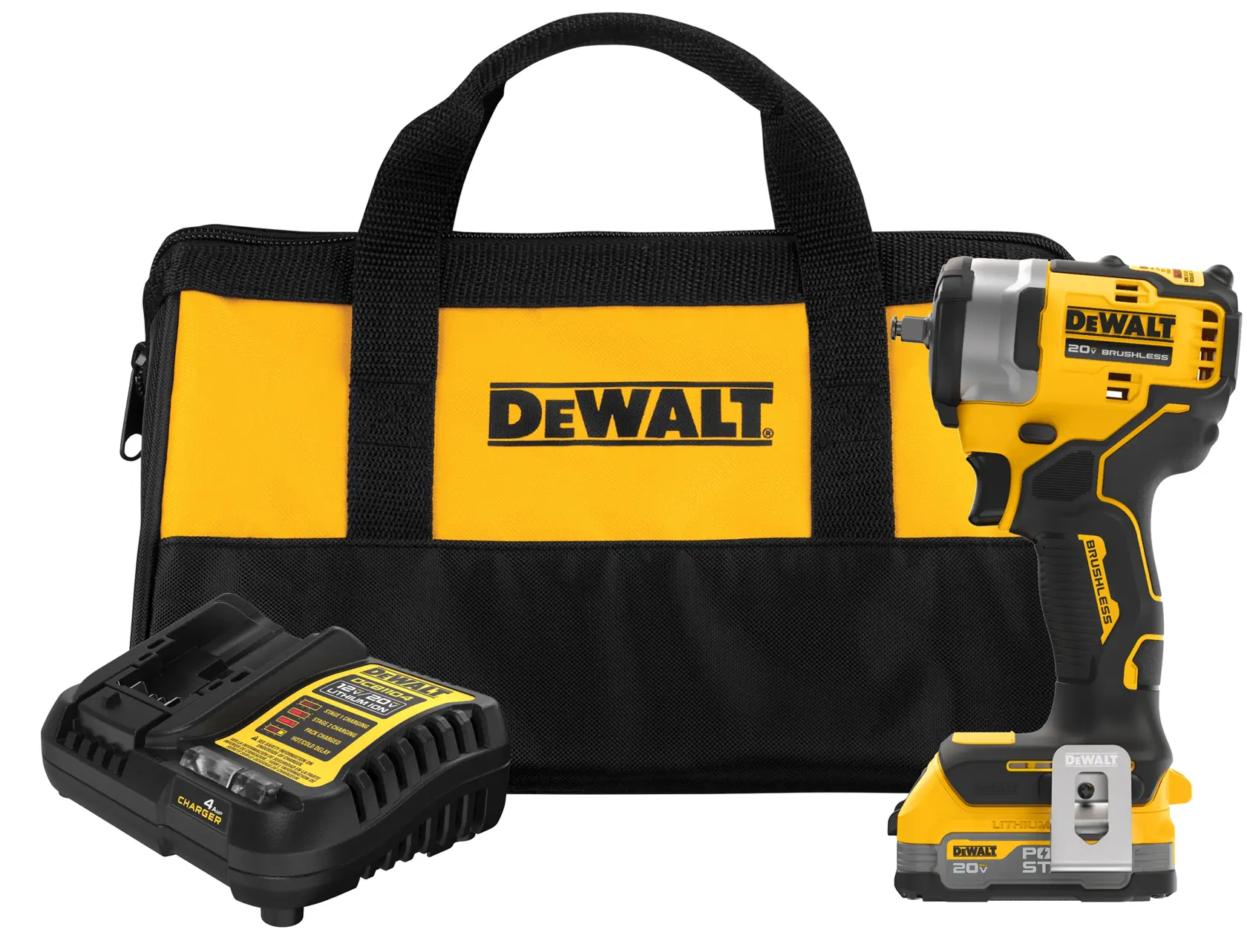A DEWALT tool kit including a black and yellow soft carrying bag, a battery charger, and a cordless impact wrench with its battery attached.