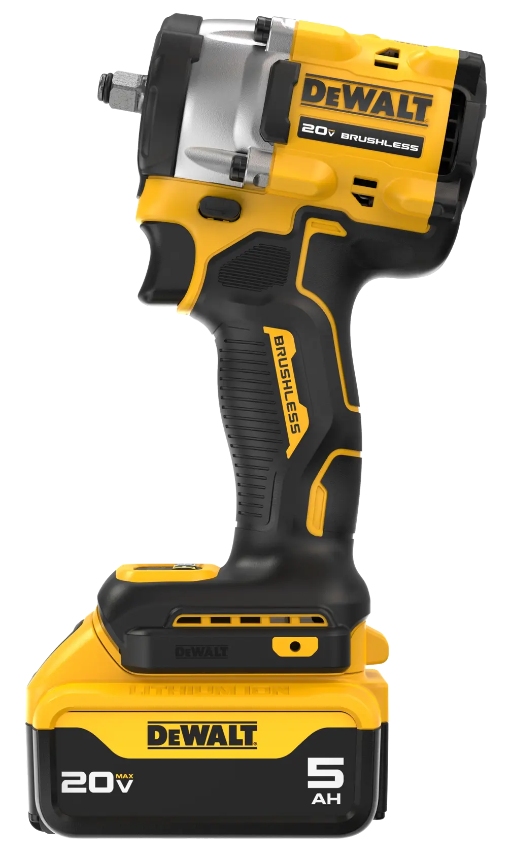 A DeWalt 20V cordless brushless impact wrench with a 5 Ah battery, featuring a yellow and black design.