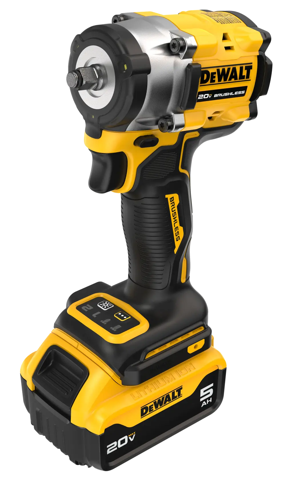 A yellow and black DeWalt 20V cordless impact wrench with a brushless motor and a 5Ah lithium-ion battery.