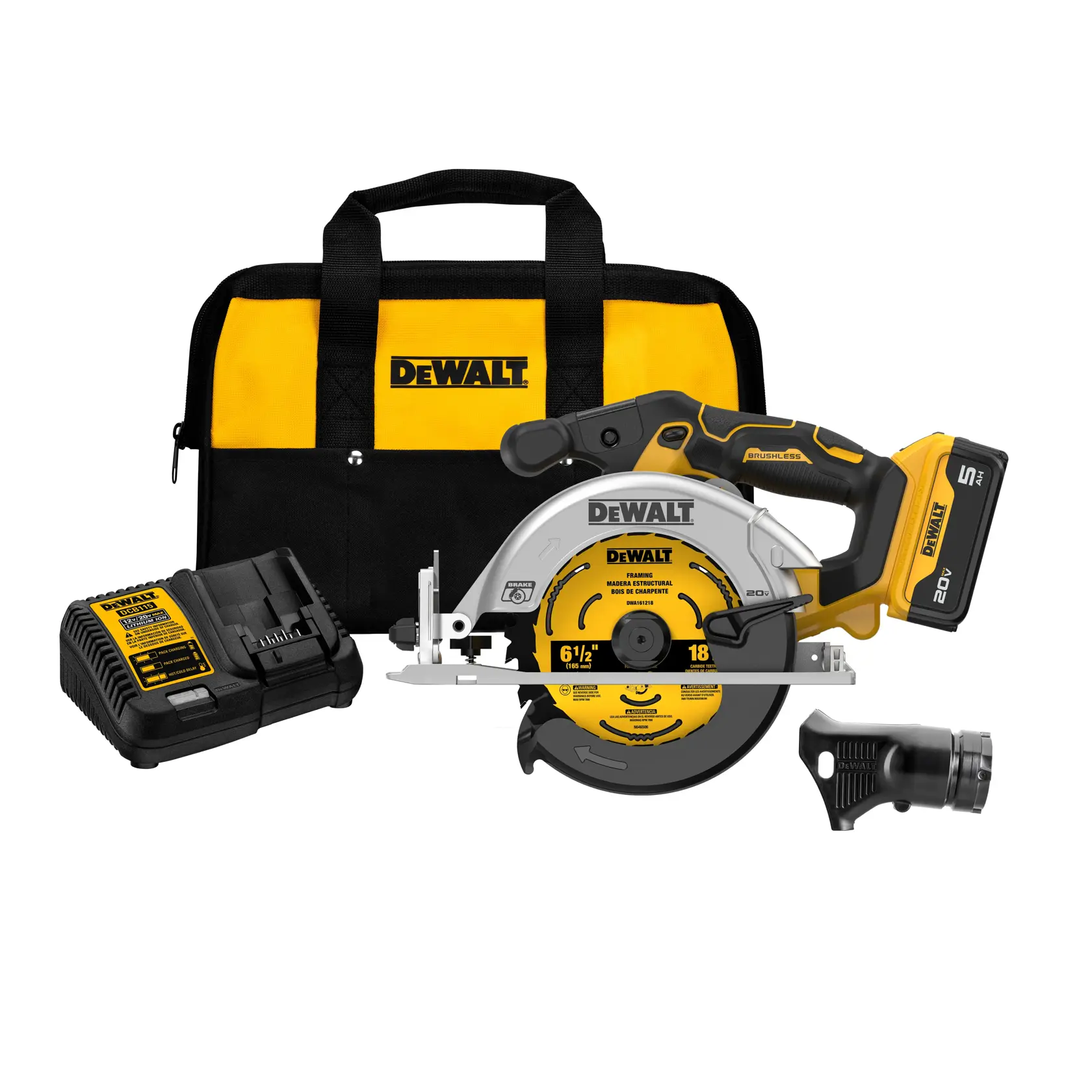 A DeWalt cordless circular saw kit is shown, including a yellow and black carrying bag, a circular saw, a battery charger, and a dust extraction nozzle.