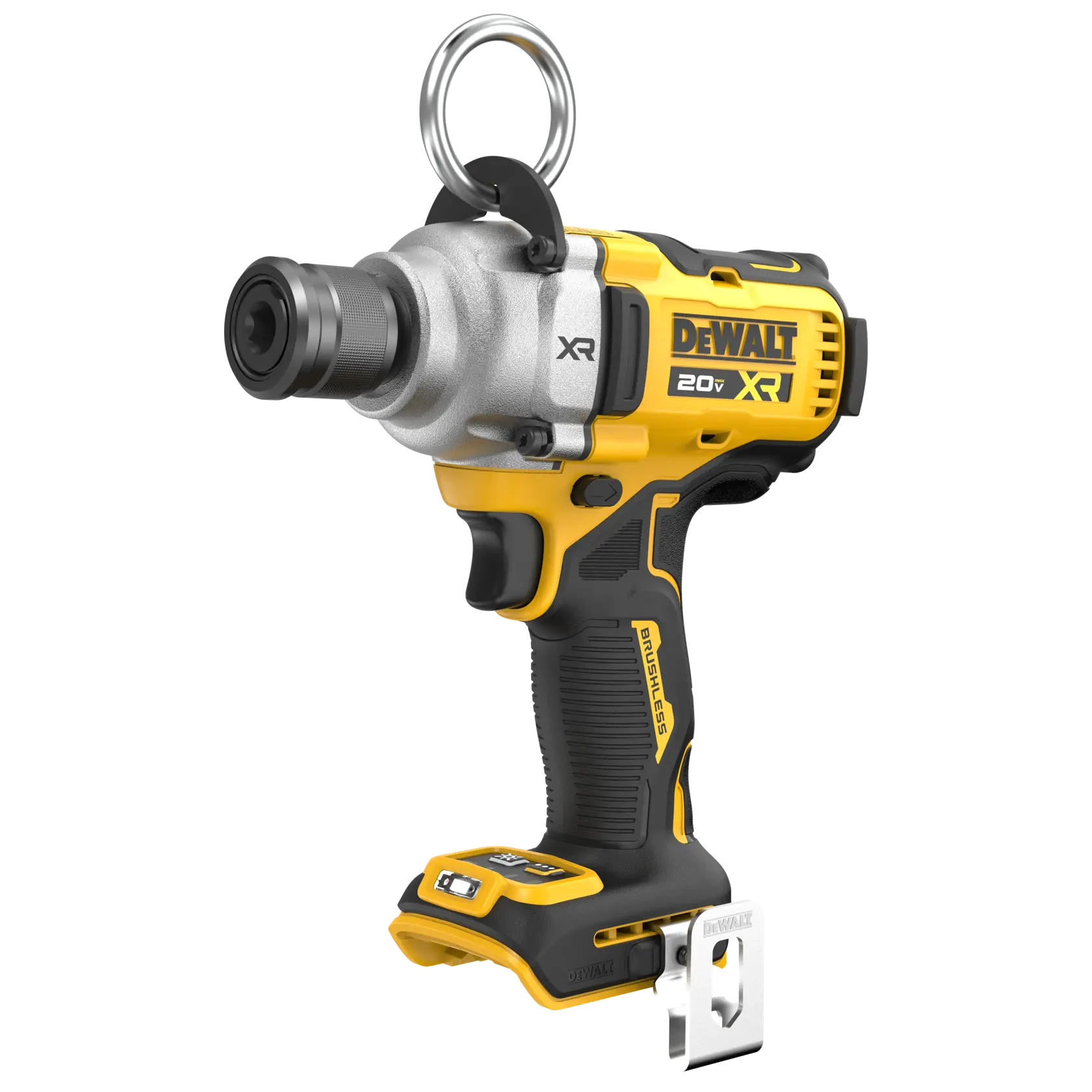 A yellow and black DEWALT 20V XR brushless impact driver with a metal hanging ring attached to the top. The tool features ergonomic grip, labeled DEWALT and XR, and a belt clip at the base. The impact driver is shown against a white background.