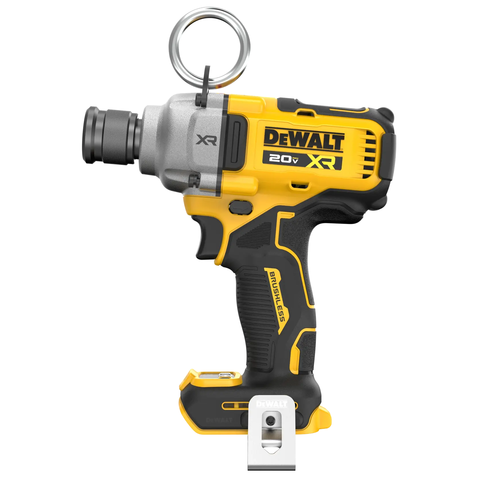 A DEWALT 20V XR brushless cordless impact driver, shown in yellow and black with a metal attachment hook and a ring on top, designed for professional use in construction and photography setups.