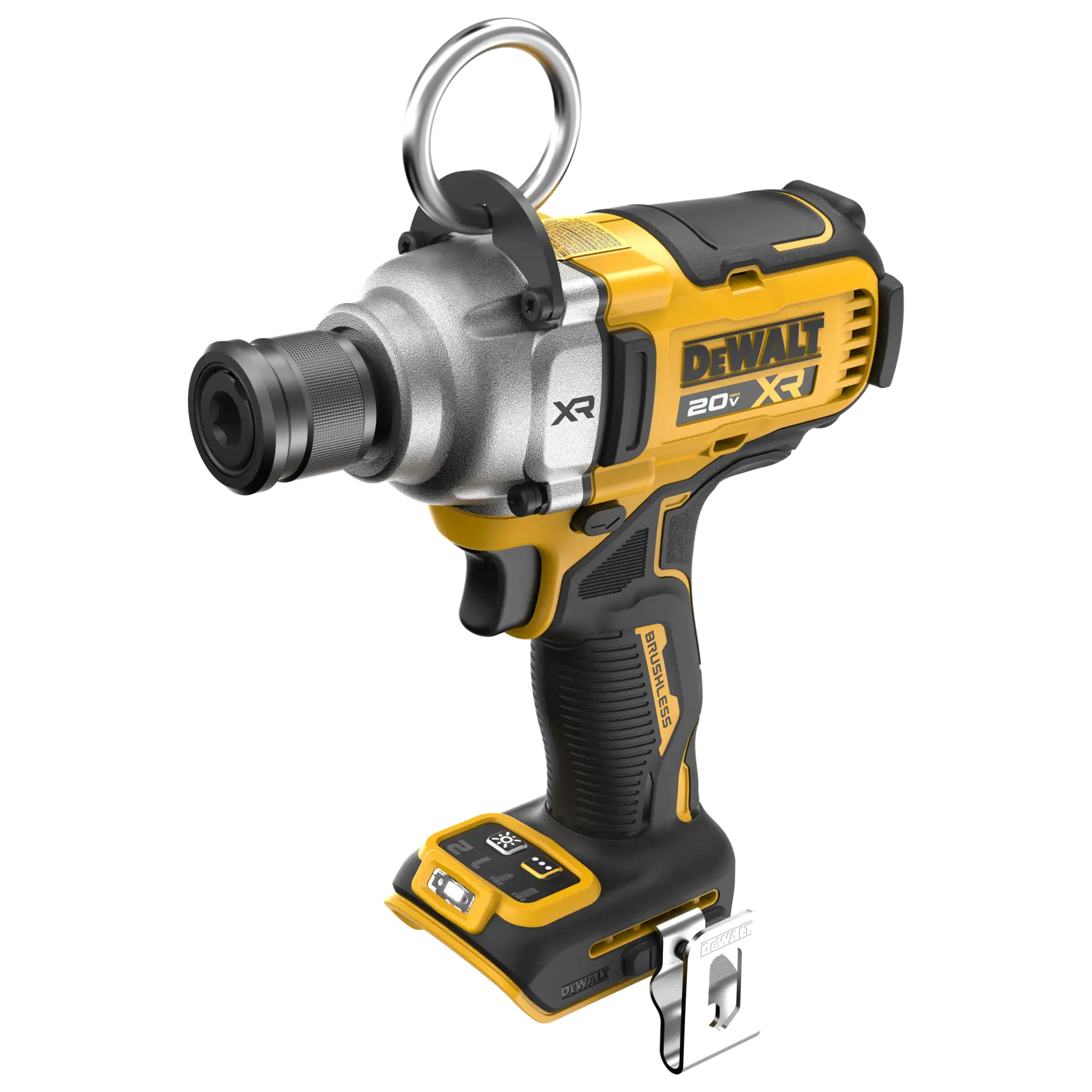 A DEWALT 20V XR cordless impact wrench with a ring attachment on the front, featuring a brushless motor and ergonomic handle, displayed against a white background.