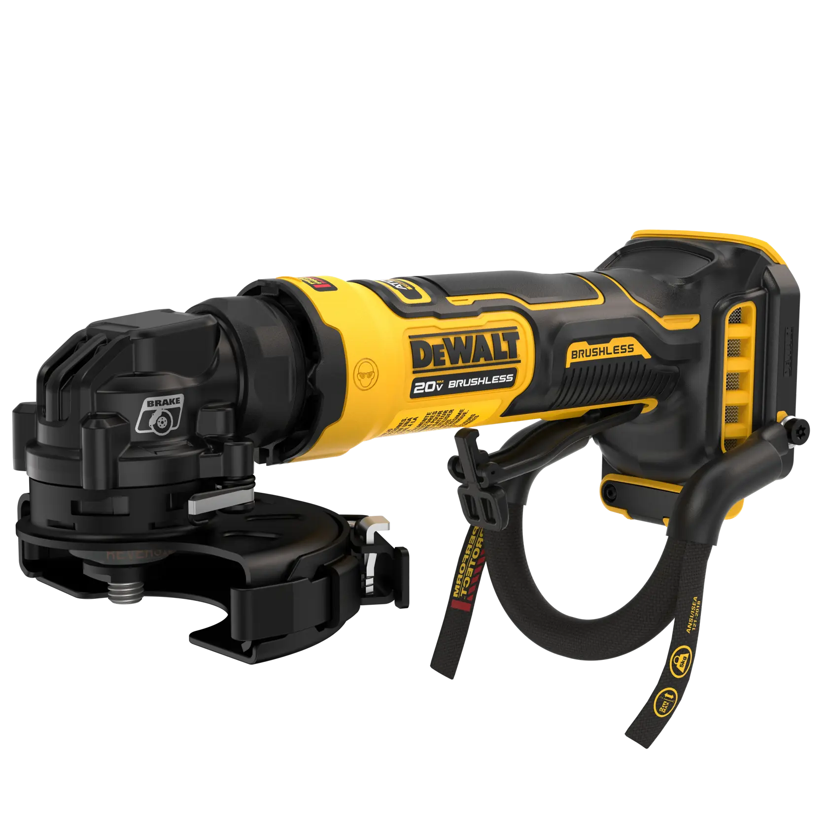 A Dewalt 20V brushless cordless grinder with a black and yellow body, equipped with protective guards and a side handle. The tool is shown isolated on a white background.
