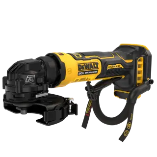 A Dewalt 20V brushless cordless grinder with a black and yellow body, equipped with protective guards and a side handle. The tool is shown isolated on a white background.