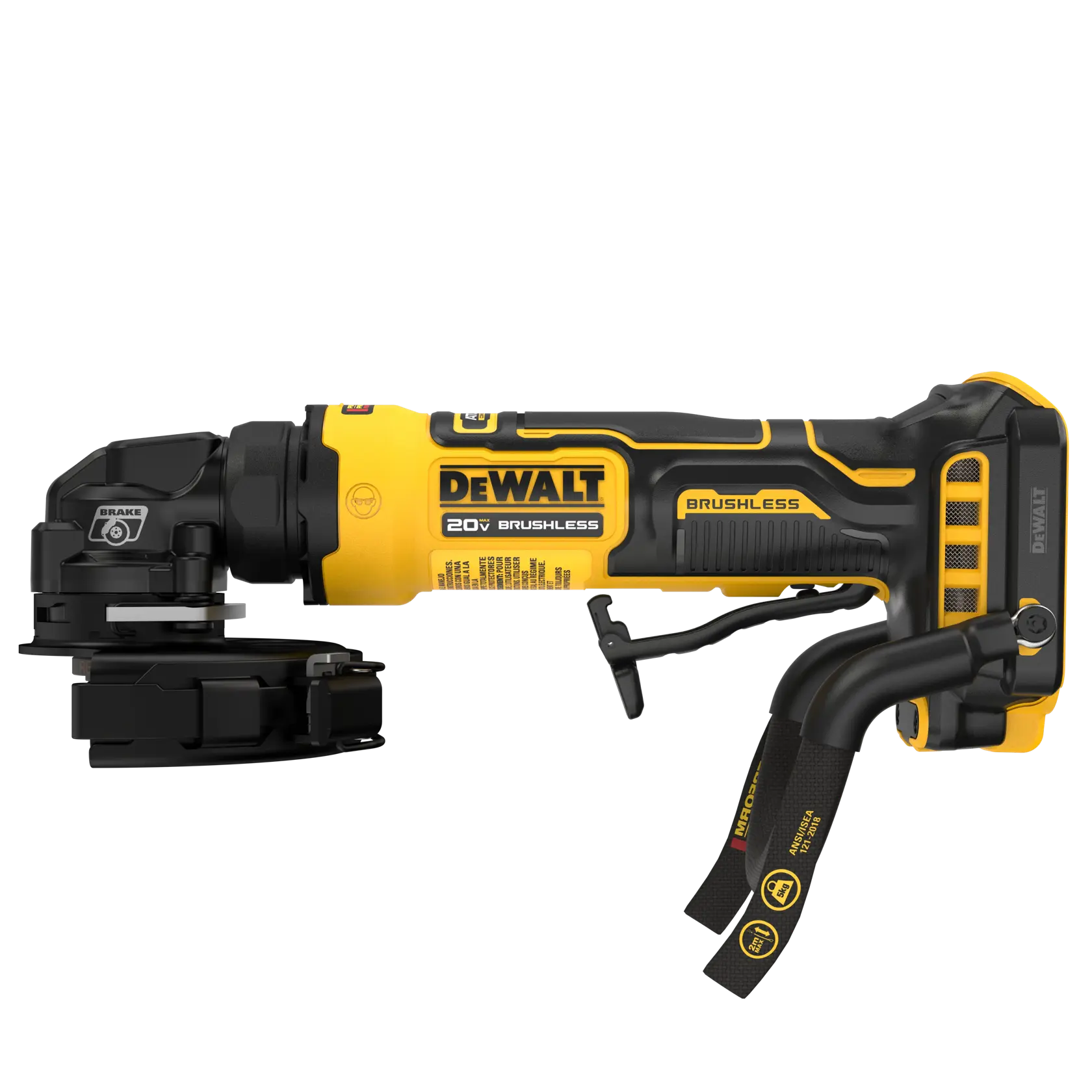 A DEWALT 20V brushless cordless angle grinder, shown in side profile, featuring a yellow and black design with handle and safety guard.