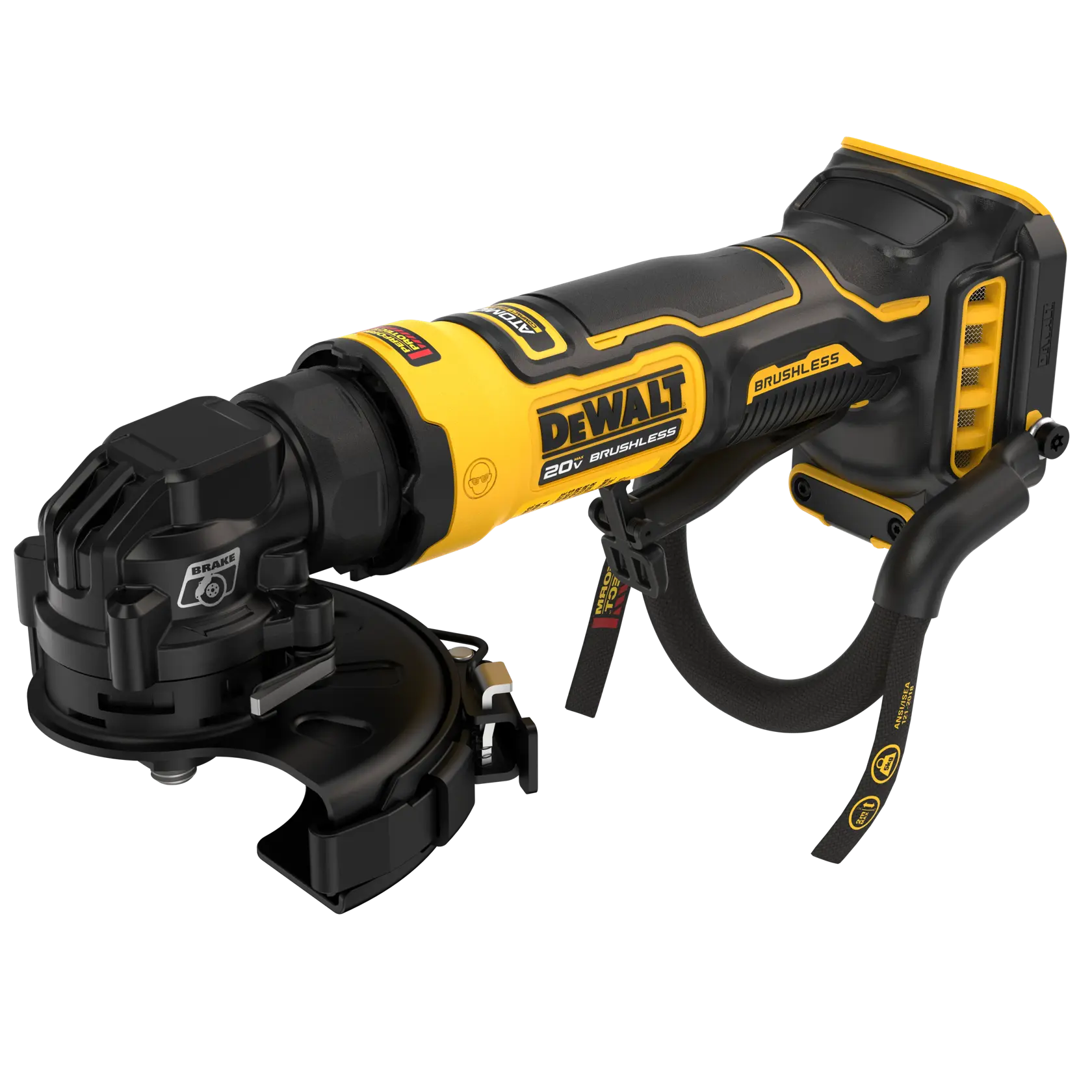 A DEWALT 20V brushless cordless grinder, featuring a safety guard and a handle, designed for cutting and grinding applications.