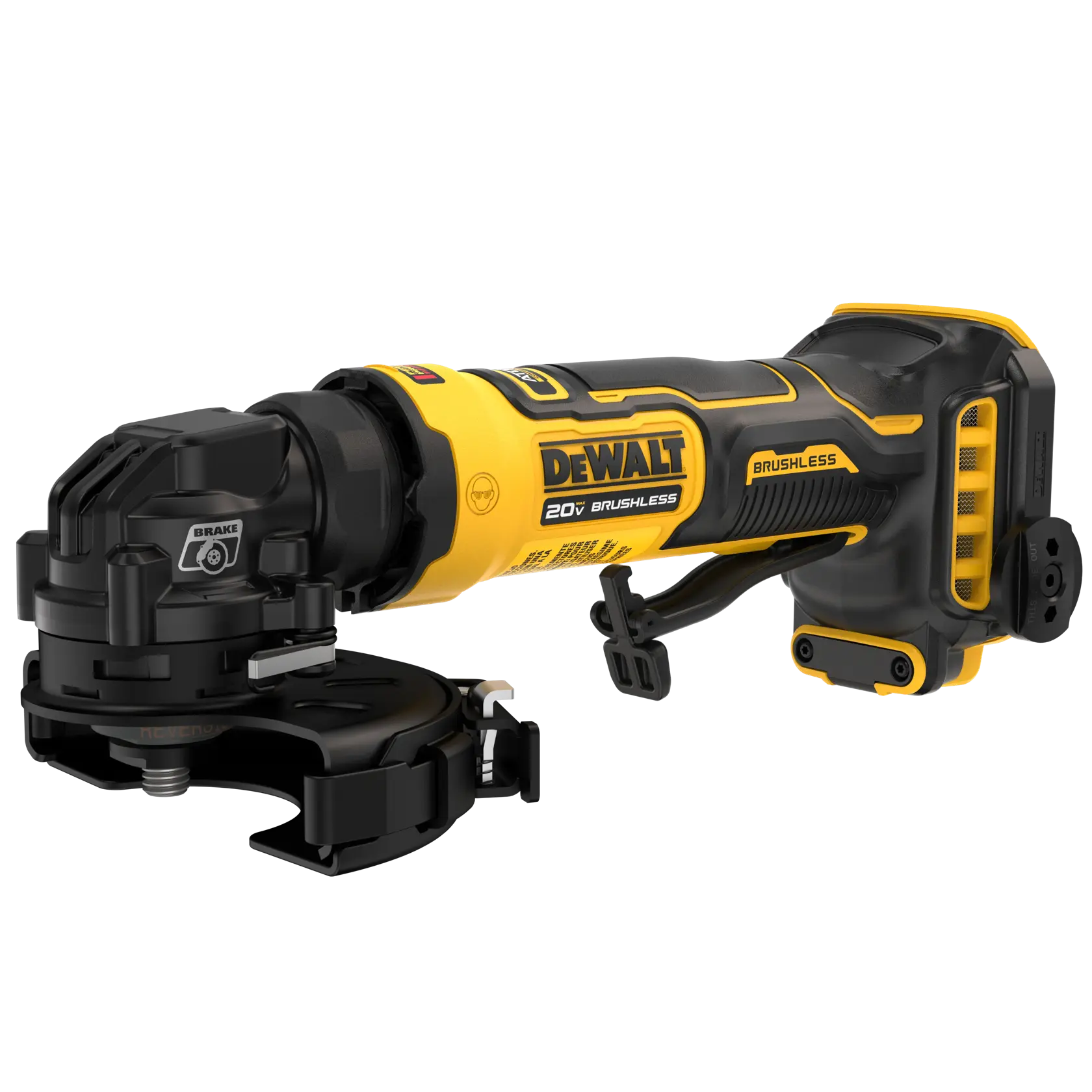 A DEWALT 20V brushless cordless grinder tool, shown in black and yellow colors, featuring a wheel guard and ergonomic handle.