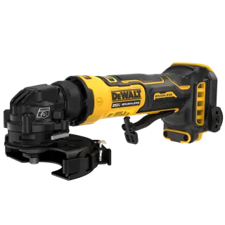 A DEWALT 20V brushless cordless grinder tool, shown in black and yellow colors, featuring a wheel guard and ergonomic handle.