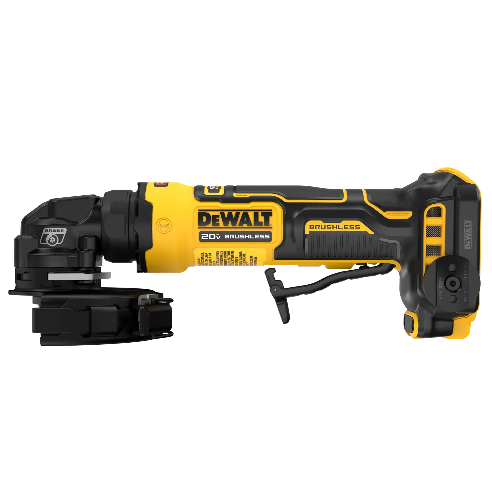 A DEWALT DCG400B 20V brushless cordless angle grinder, shown in side view. The tool is yellow and black with a visible brake feature.