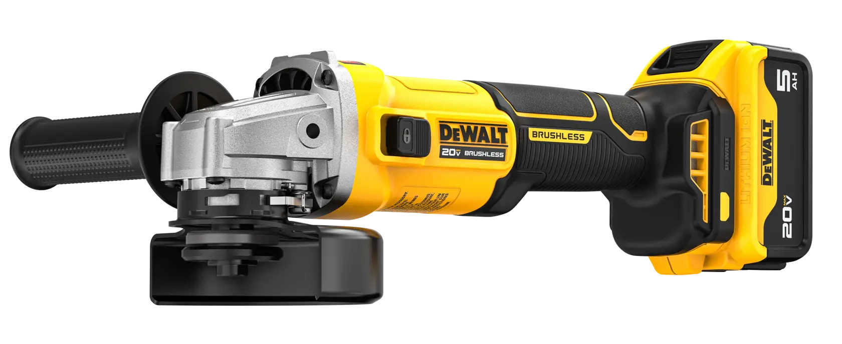 A DEWALT cordless angle grinder with a 20V battery, featuring a yellow and black design, a brushless motor, and a side handle.