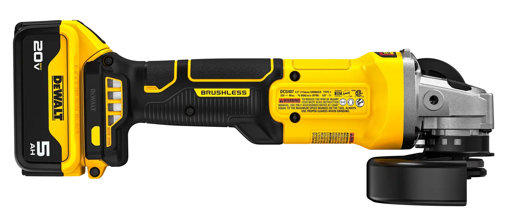 A DEWALT DCG407P1 20V cordless brushless angle grinder with a 5Ah battery, shown in yellow and black color scheme, side view.